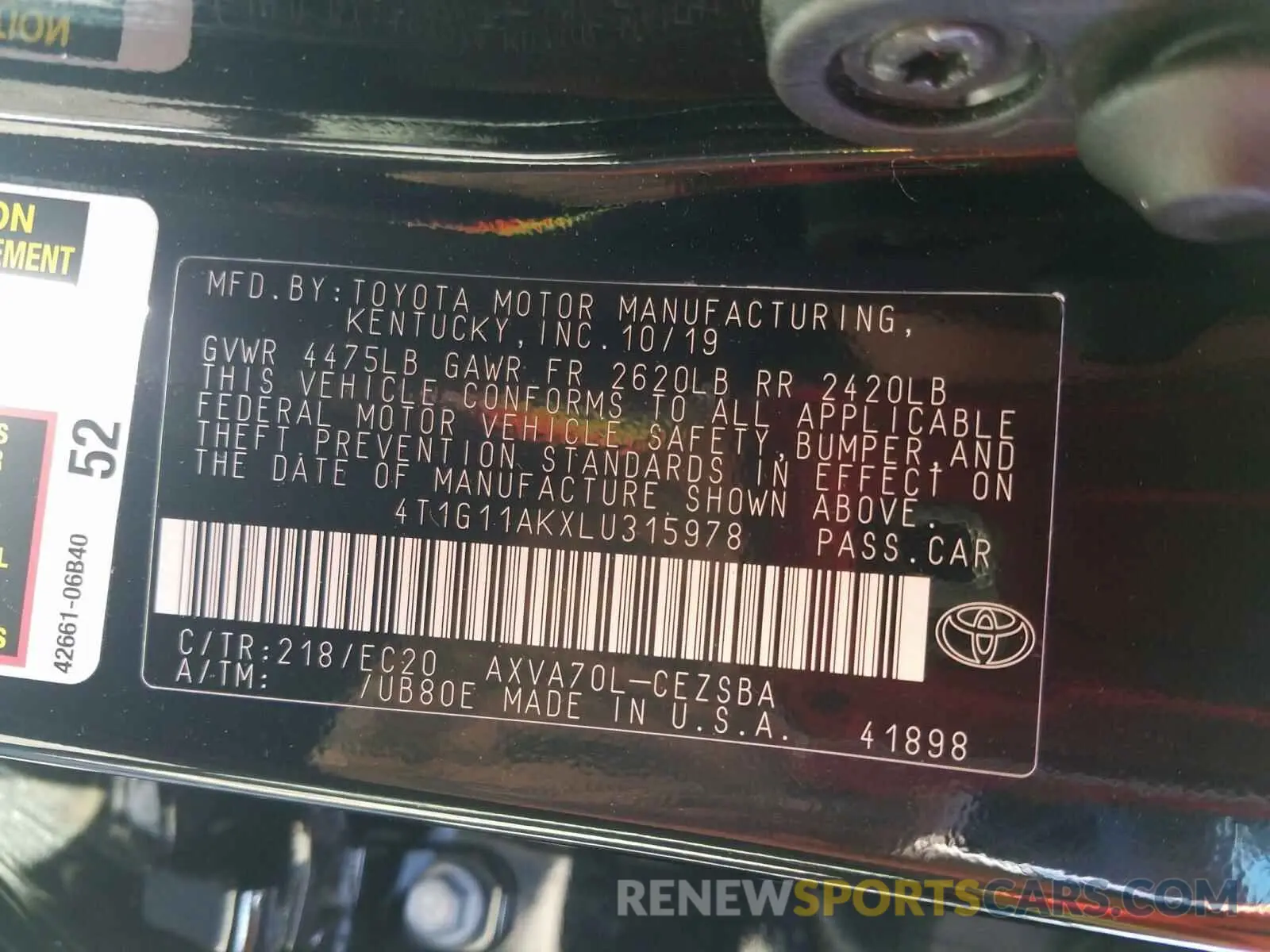 10 Photograph of a damaged car 4T1G11AKXLU315978 TOYOTA CAMRY 2020
