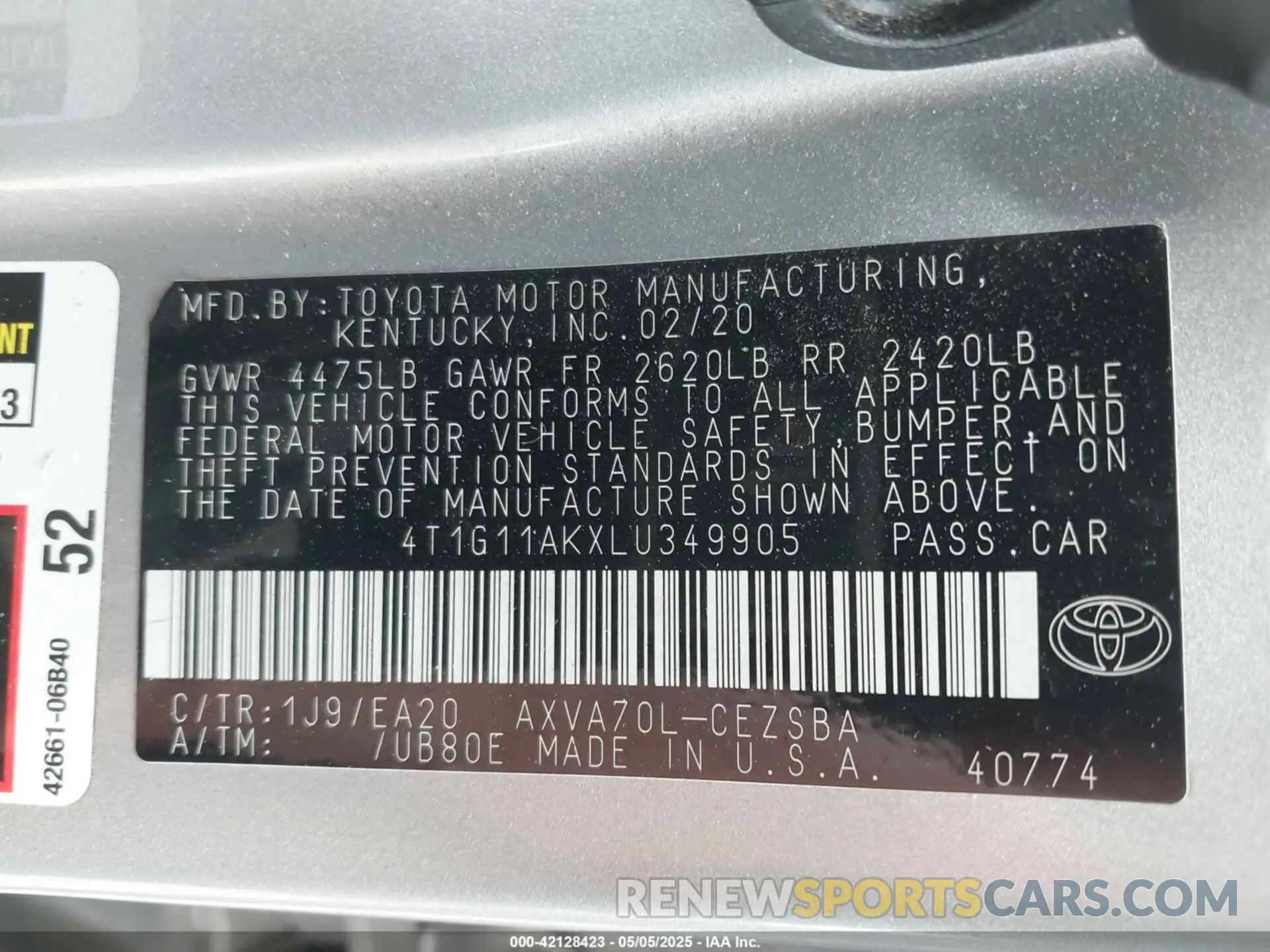 9 Фотография поврежденного автомобиля 4T1G11AKXLU349905 TOYOTA CAMRY 2020