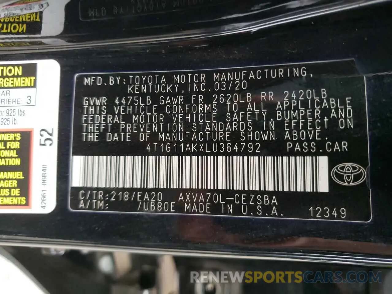 10 Photograph of a damaged car 4T1G11AKXLU364792 TOYOTA CAMRY 2020