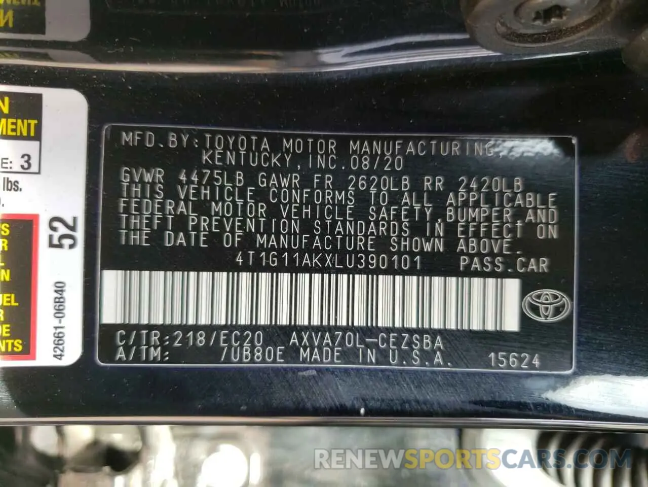 10 Photograph of a damaged car 4T1G11AKXLU390101 TOYOTA CAMRY 2020