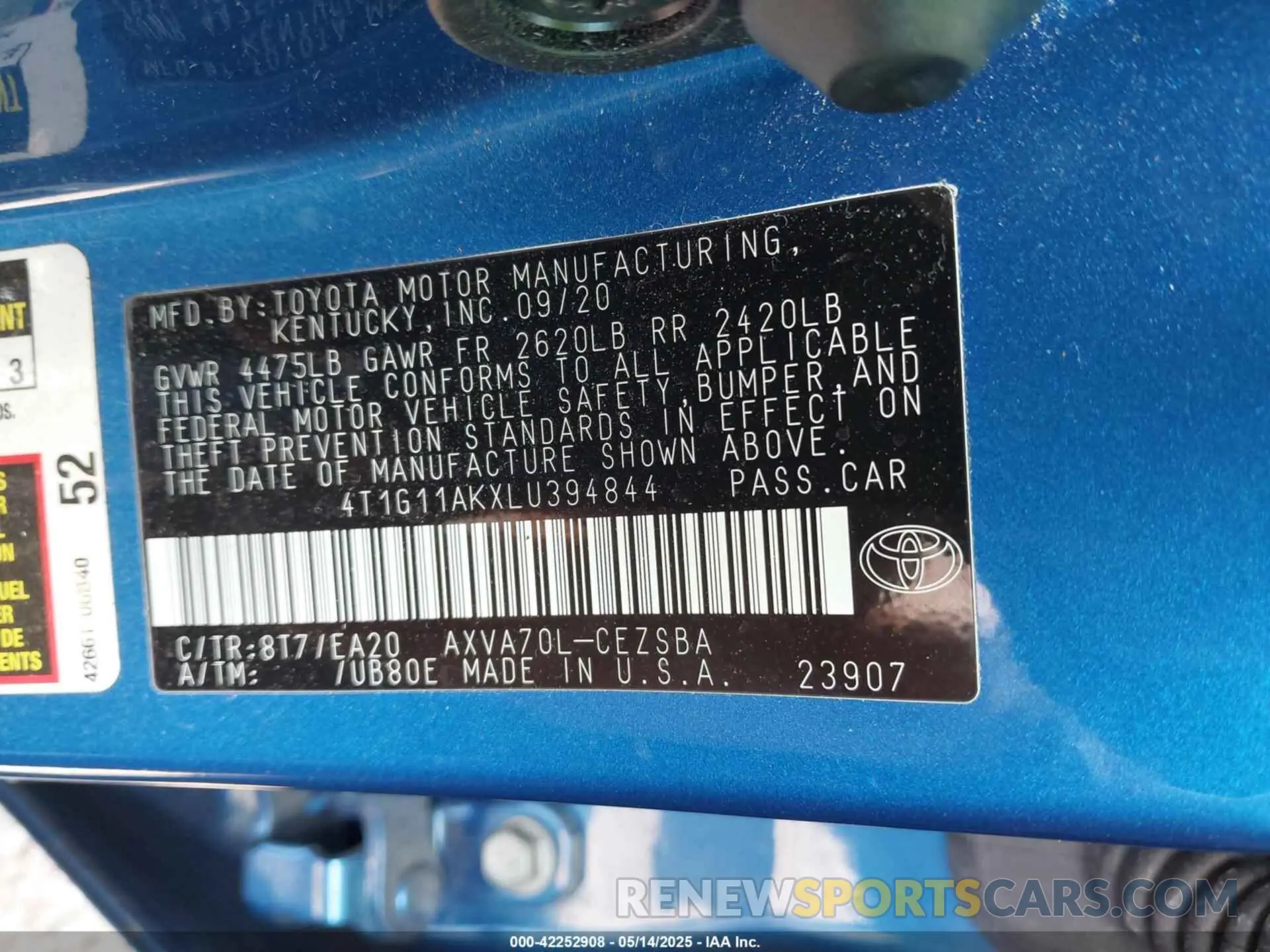 9 Фотография поврежденного автомобиля 4T1G11AKXLU394844 TOYOTA CAMRY 2020