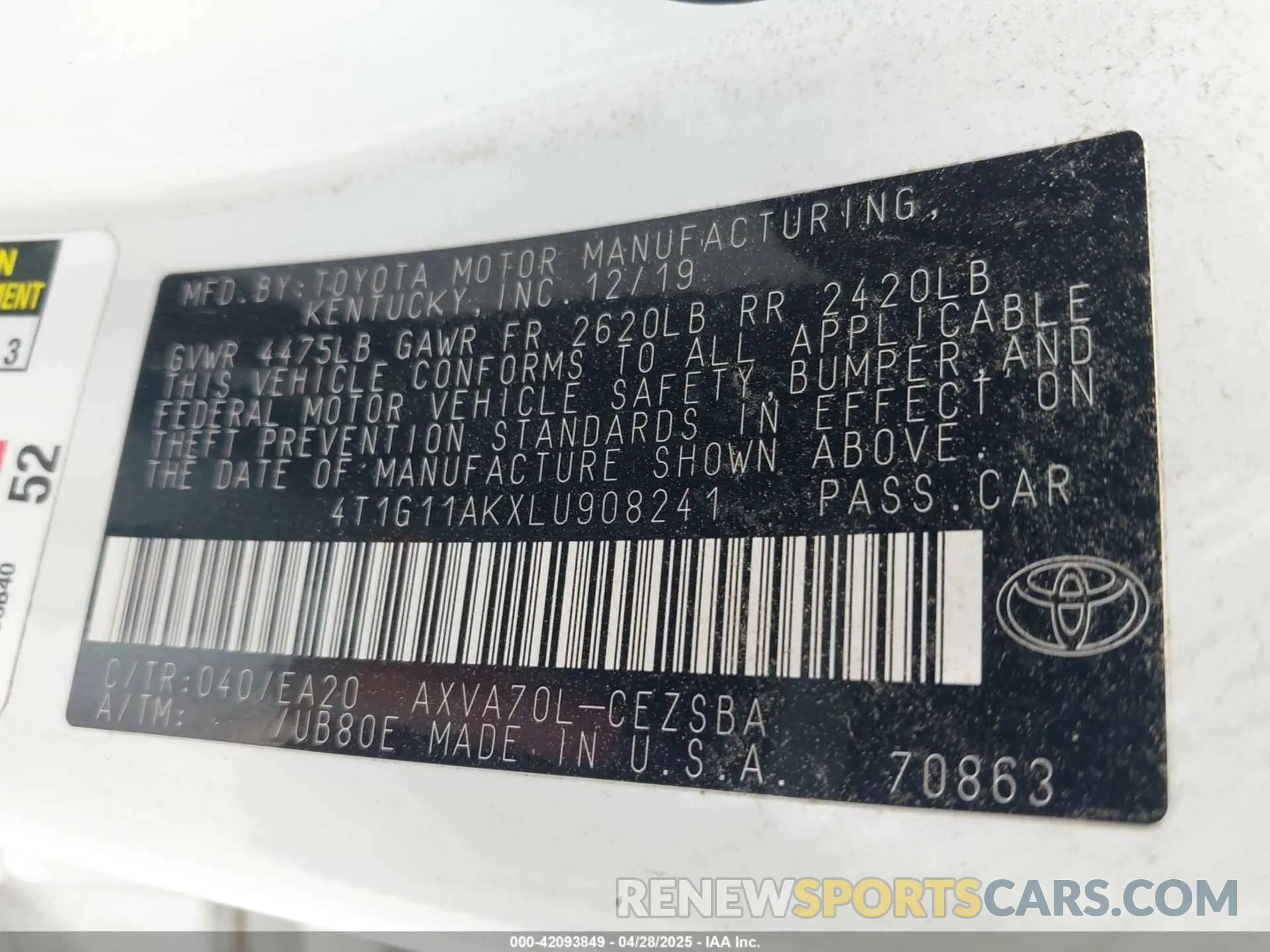 9 Photograph of a damaged car 4T1G11AKXLU908241 TOYOTA CAMRY 2020