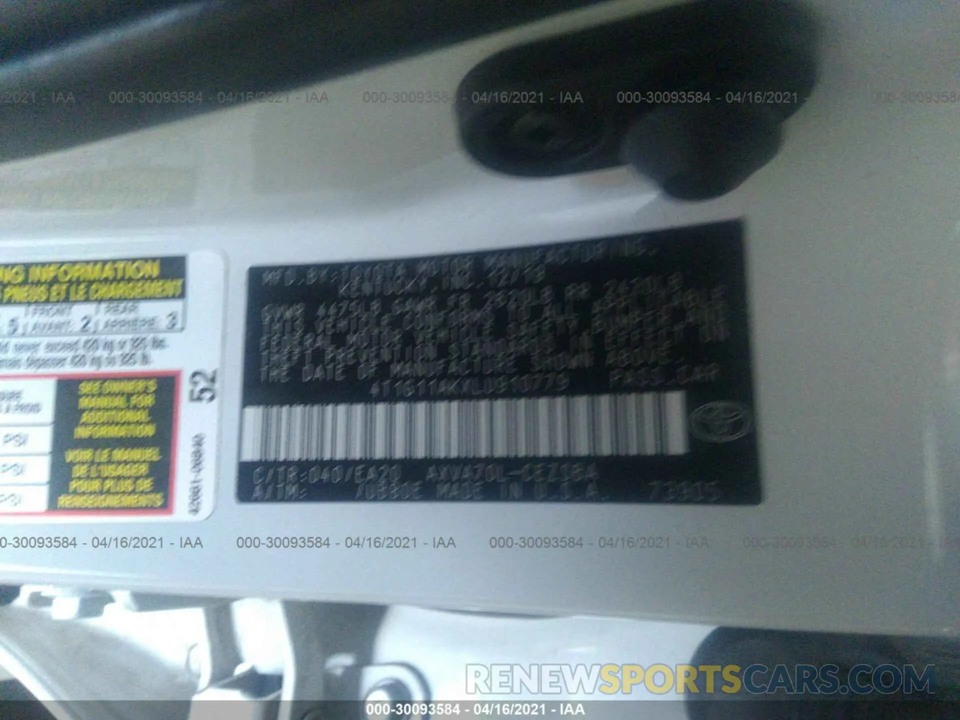 9 Photograph of a damaged car 4T1G11AKXLU910779 TOYOTA CAMRY 2020
