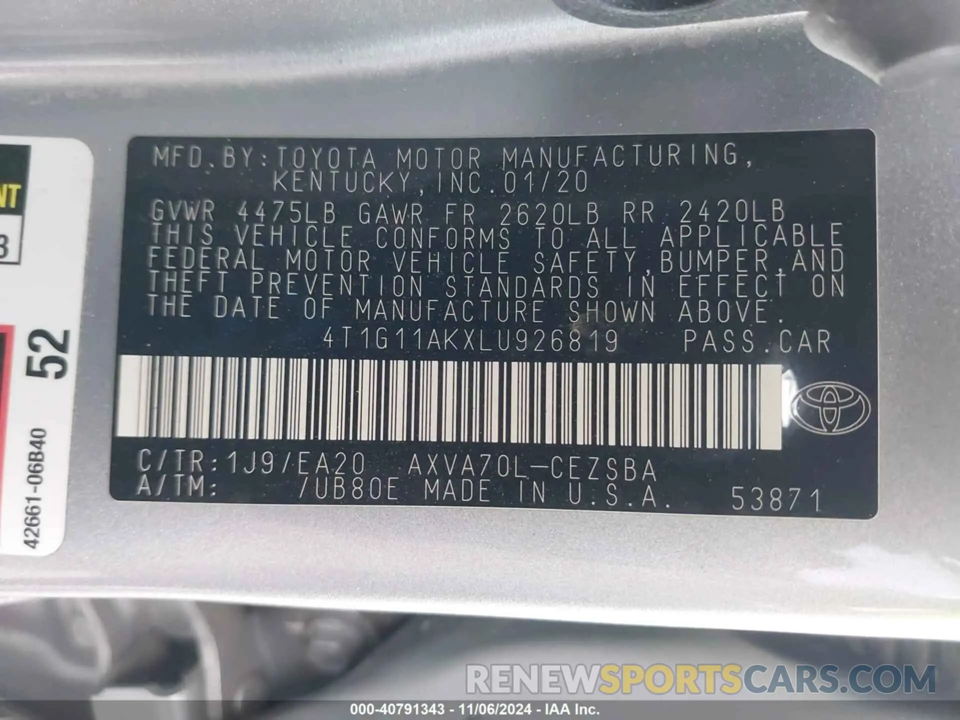 9 Фотография поврежденного автомобиля 4T1G11AKXLU926819 TOYOTA CAMRY 2020
