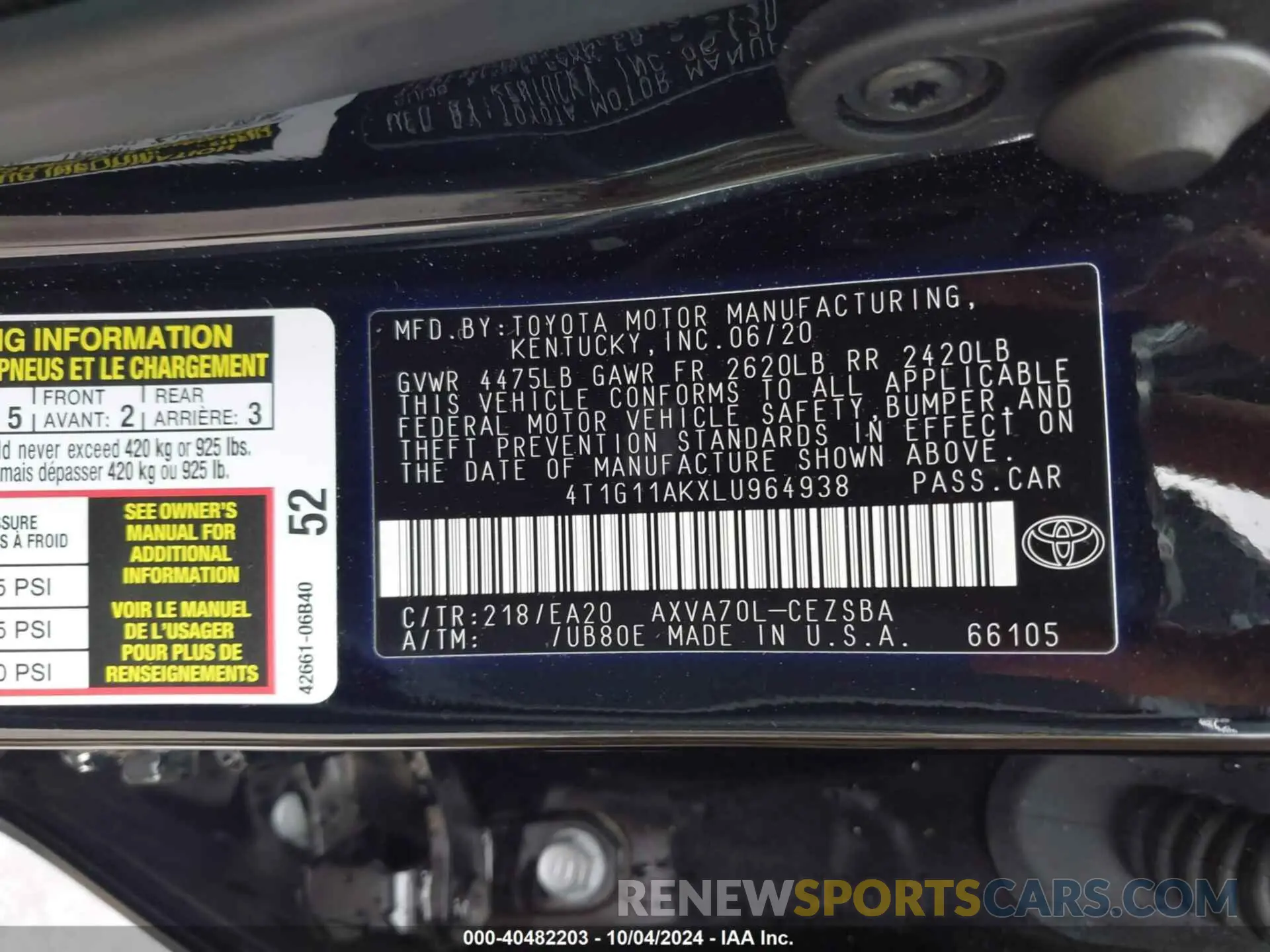 9 Photograph of a damaged car 4T1G11AKXLU964938 TOYOTA CAMRY 2020