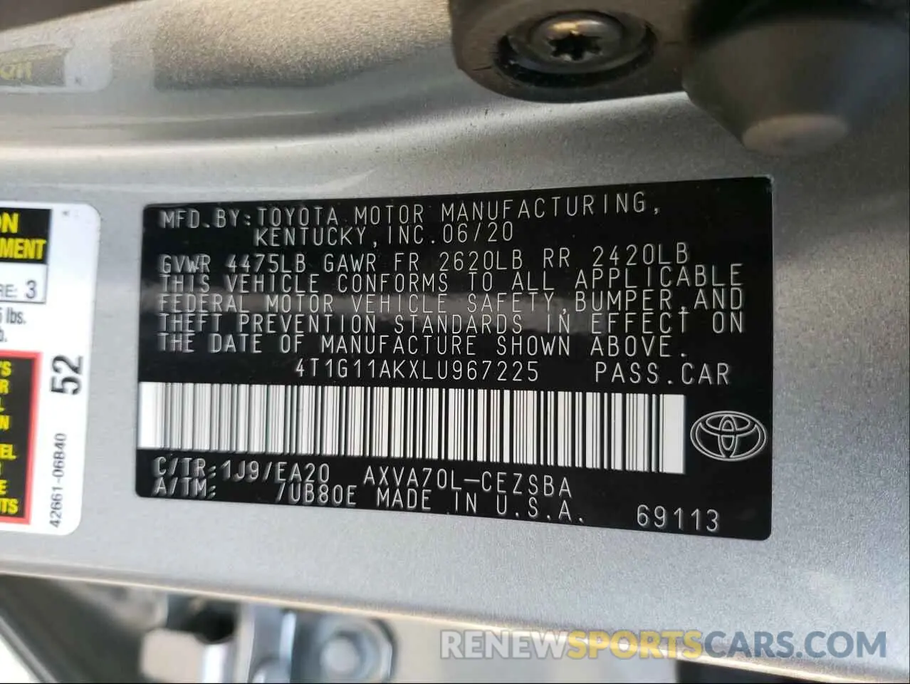 10 Photograph of a damaged car 4T1G11AKXLU967225 TOYOTA CAMRY 2020