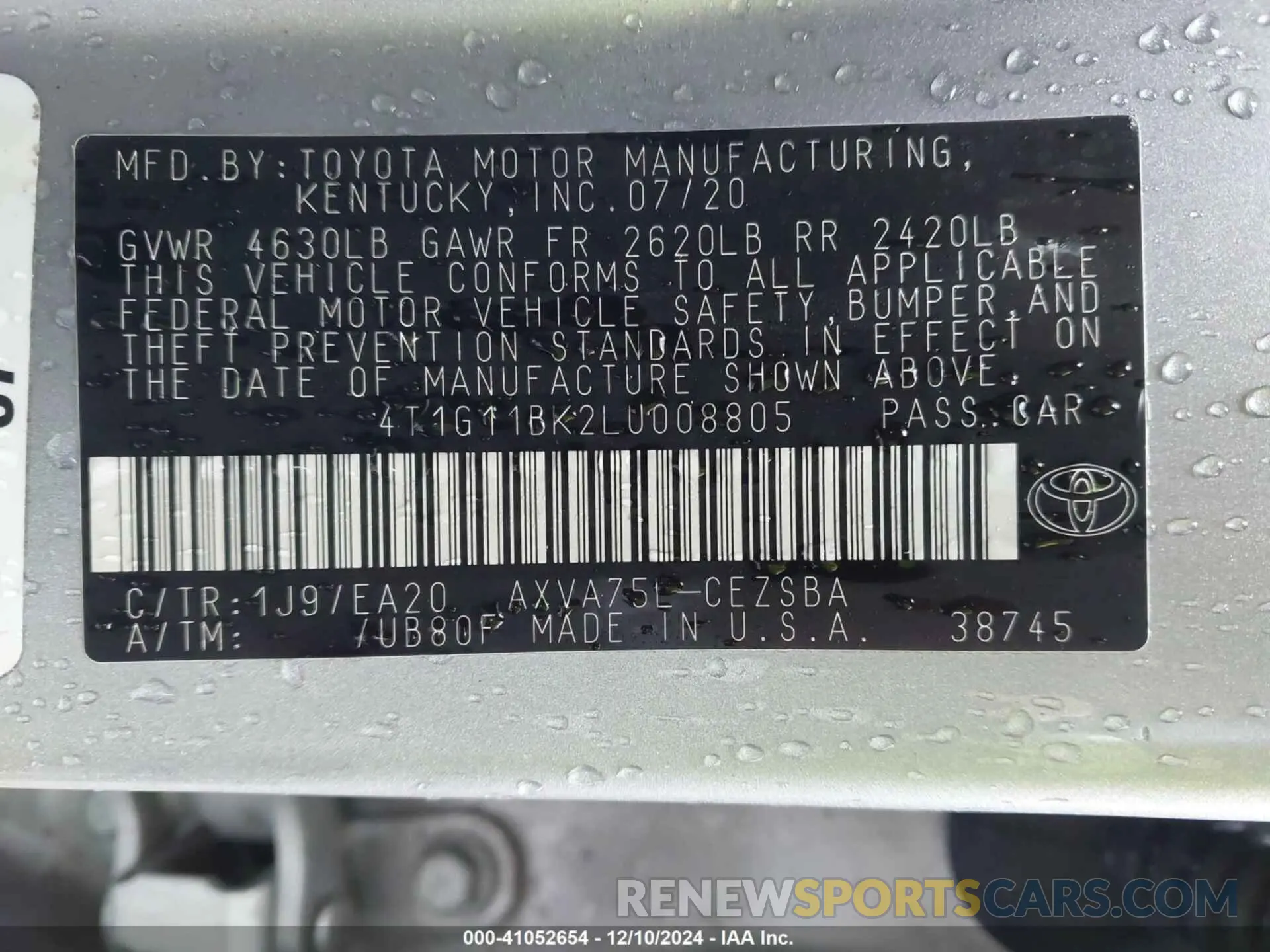 9 Фотография поврежденного автомобиля 4T1G11BK2LU008805 TOYOTA CAMRY 2020