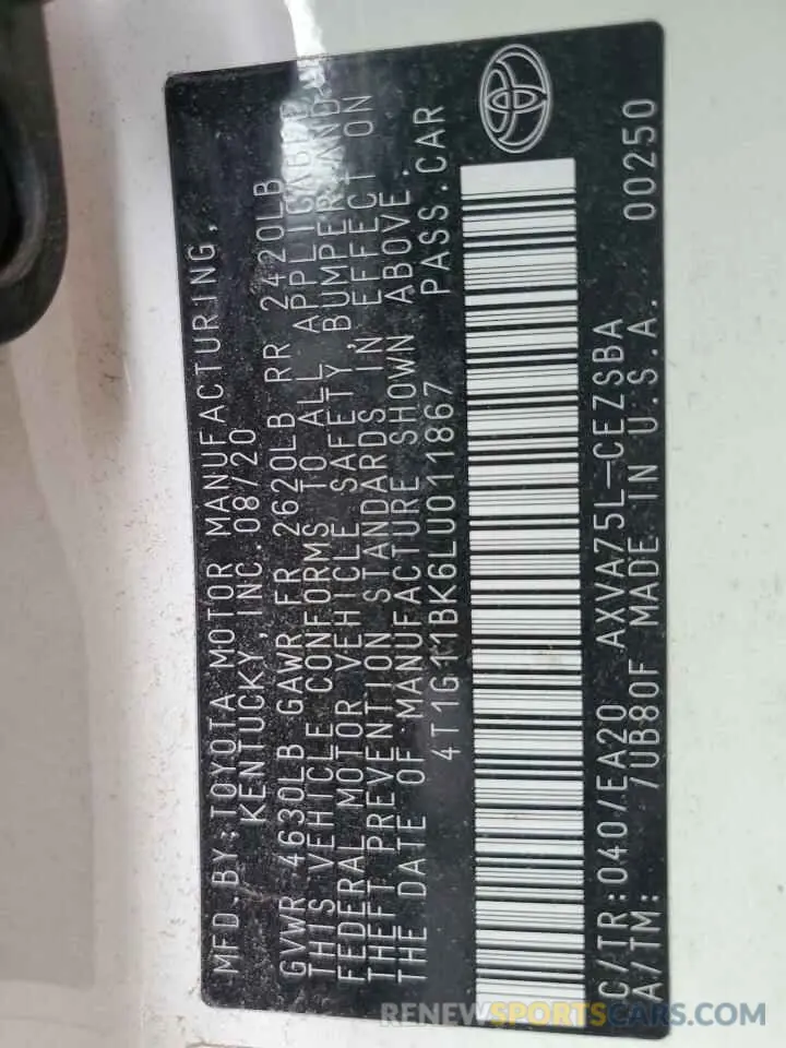 14 Фотография поврежденного автомобиля 4T1G11BK6LU011867 TOYOTA CAMRY 2020