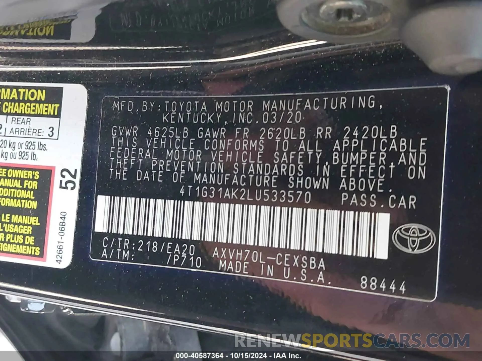 9 Фотография поврежденного автомобиля 4T1G31AK2LU533570 TOYOTA CAMRY 2020
