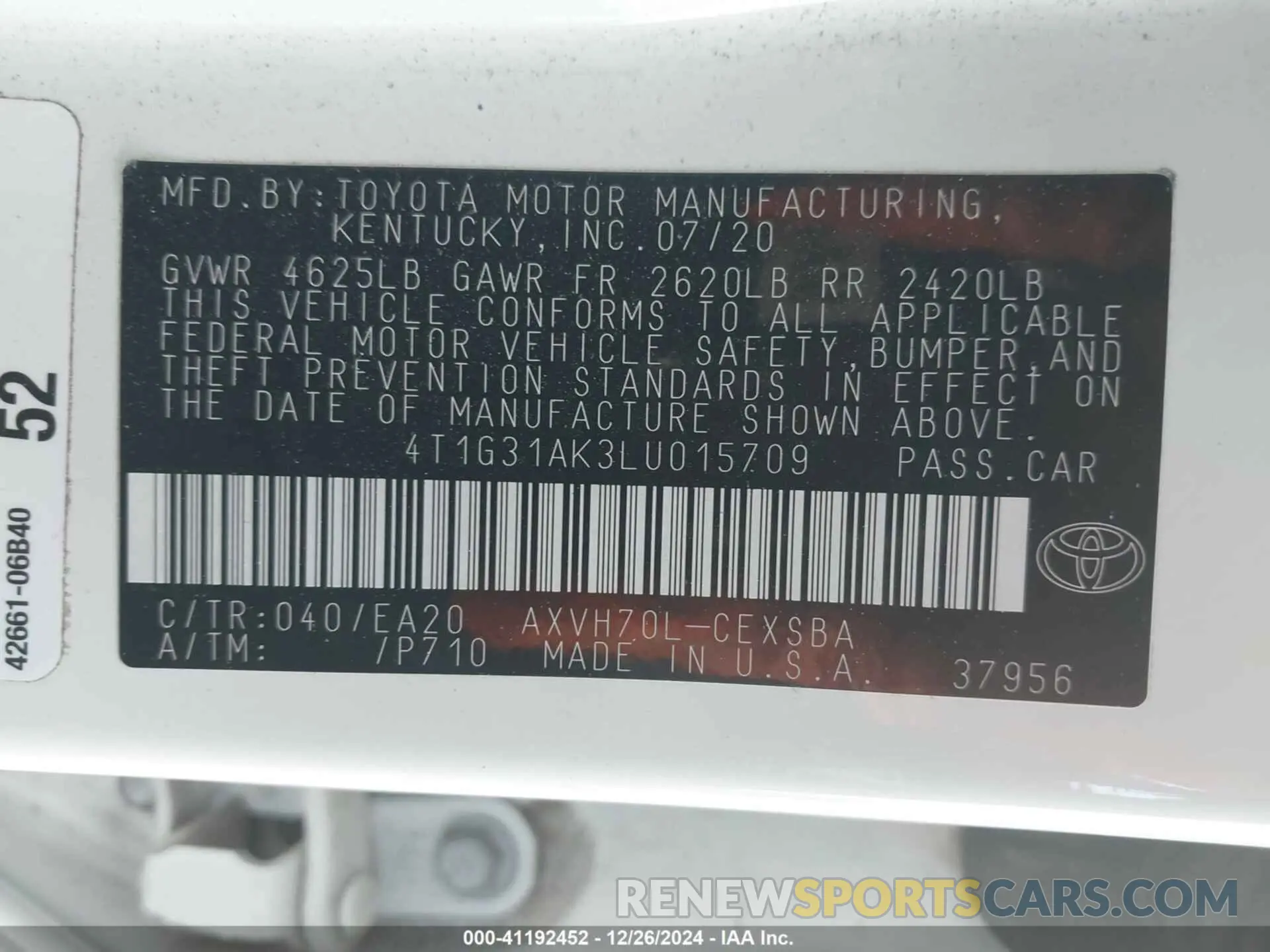 9 Фотография поврежденного автомобиля 4T1G31AK3LU015709 TOYOTA CAMRY 2020