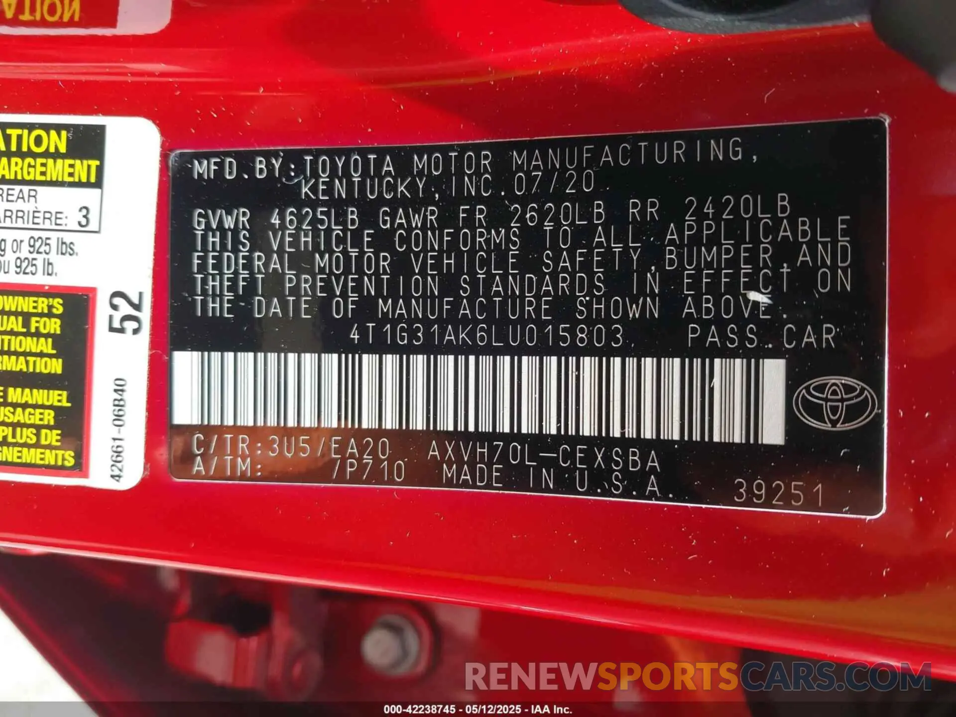 9 Фотография поврежденного автомобиля 4T1G31AK6LU015803 TOYOTA CAMRY 2020