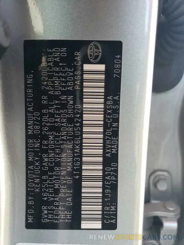 12 Photograph of a damaged car 4T1G31AK6LU542420 TOYOTA CAMRY 2020