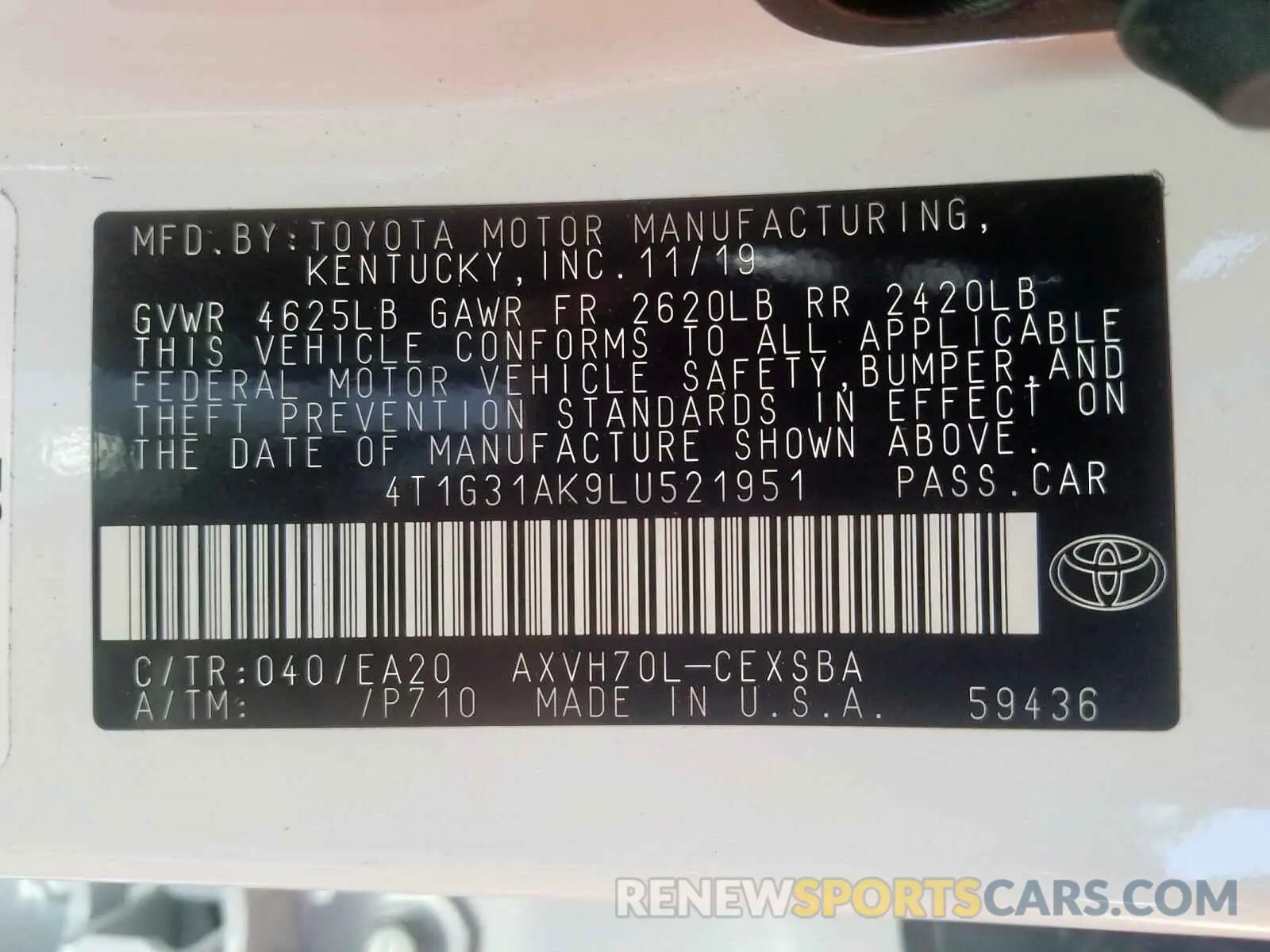 10 Photograph of a damaged car 4T1G31AK9LU521951 TOYOTA CAMRY 2020