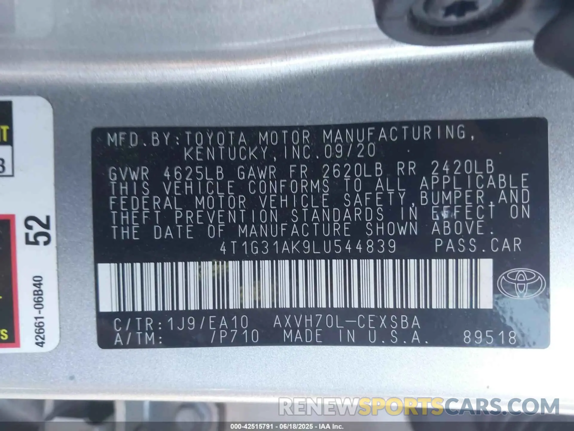 9 Photograph of a damaged car 4T1G31AK9LU544839 TOYOTA CAMRY 2020