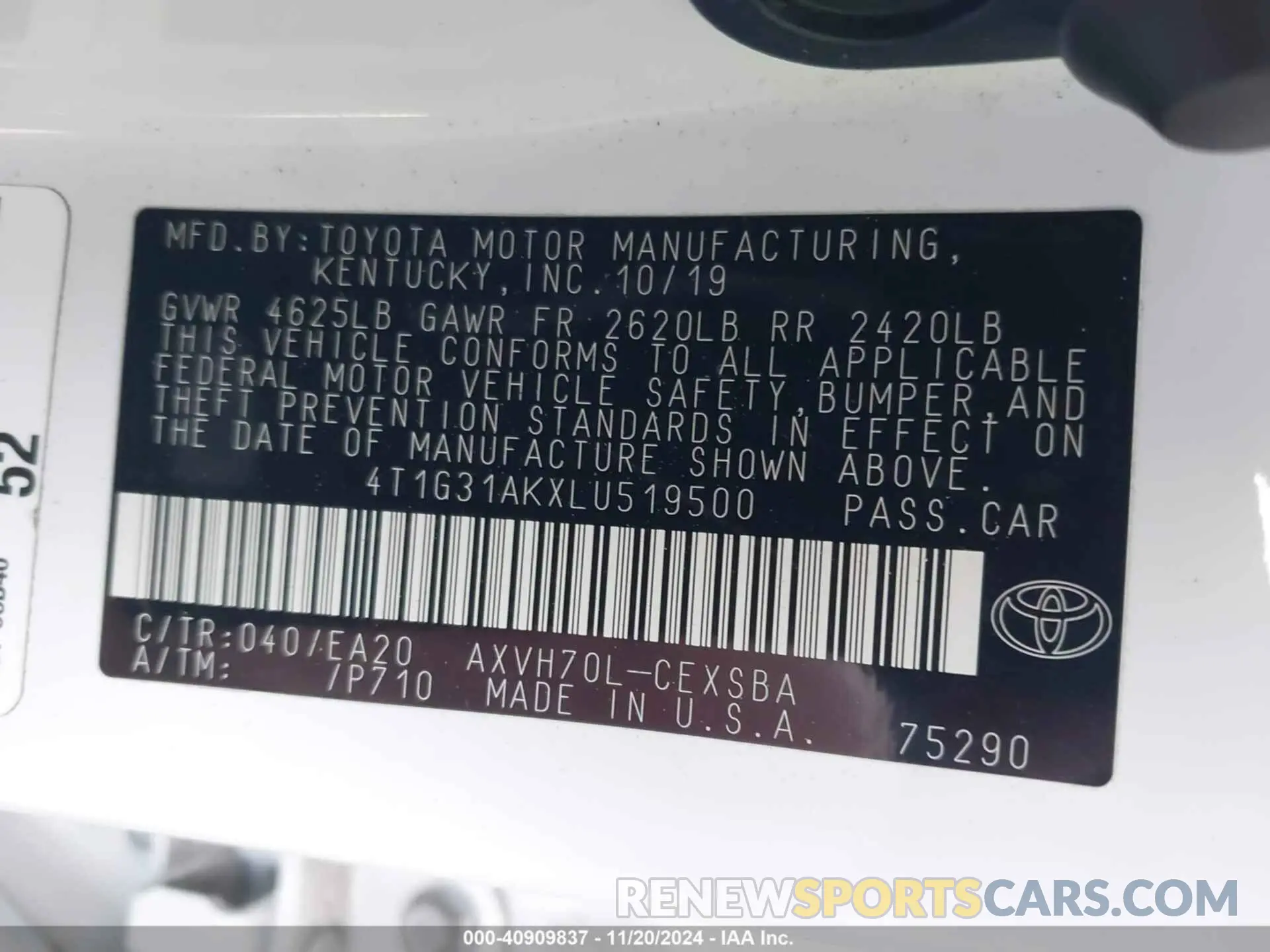 9 Фотография поврежденного автомобиля 4T1G31AKXLU519500 TOYOTA CAMRY 2020
