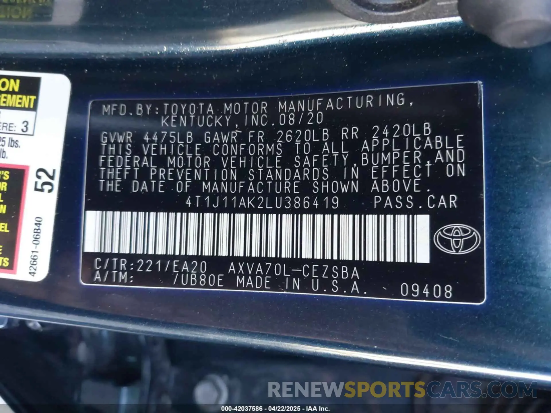 9 Фотография поврежденного автомобиля 4T1J11AK2LU386419 TOYOTA CAMRY 2020