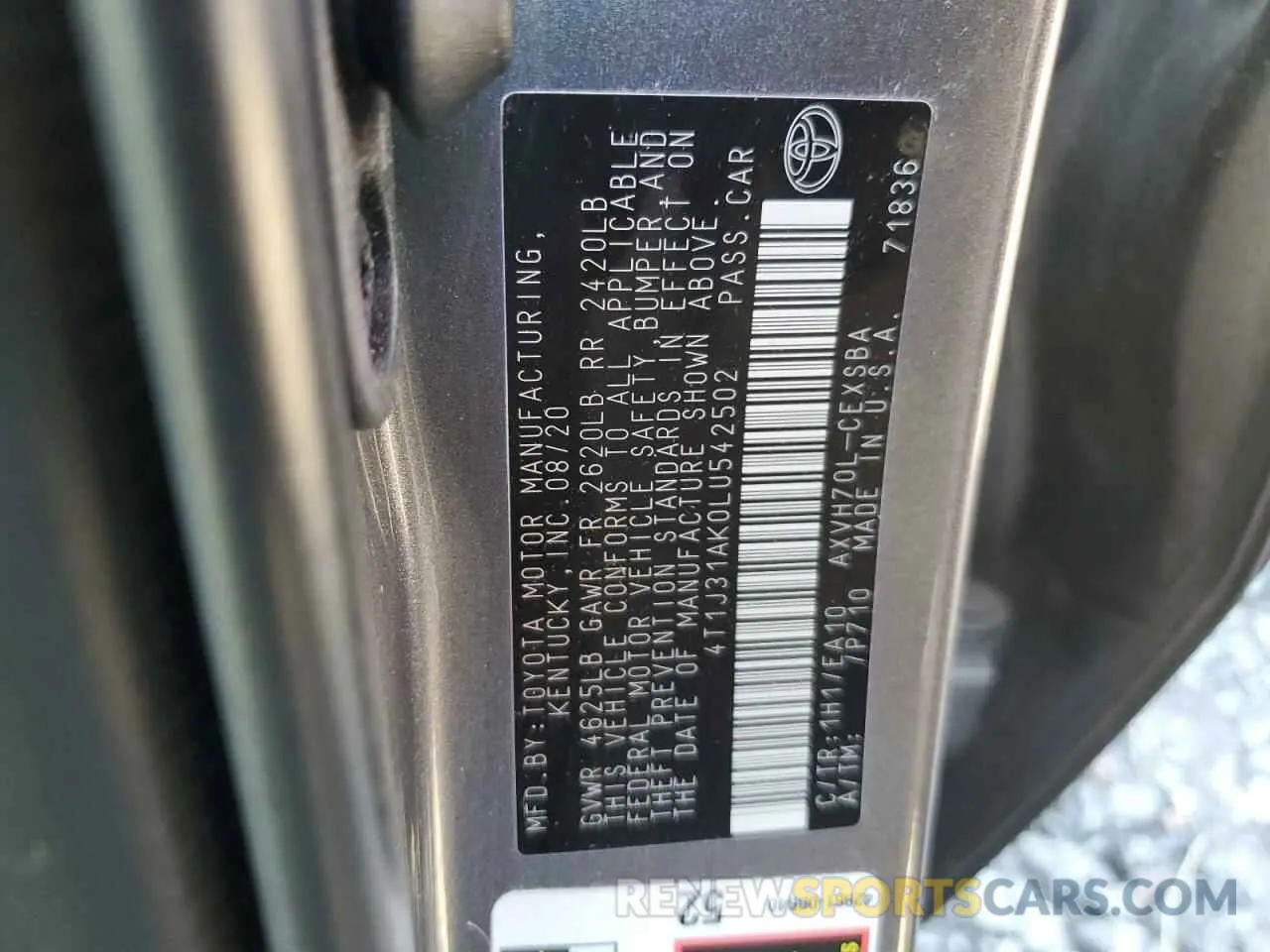 13 Photograph of a damaged car 4T1J31AK0LU542502 TOYOTA CAMRY 2020