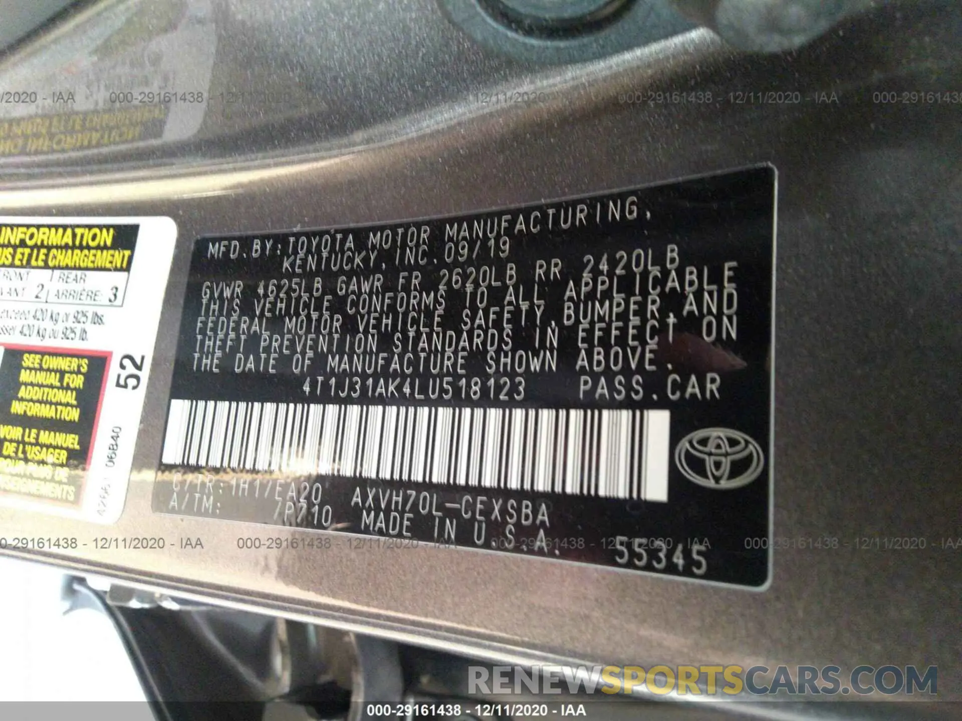 9 Photograph of a damaged car 4T1J31AK4LU518123 TOYOTA CAMRY 2020