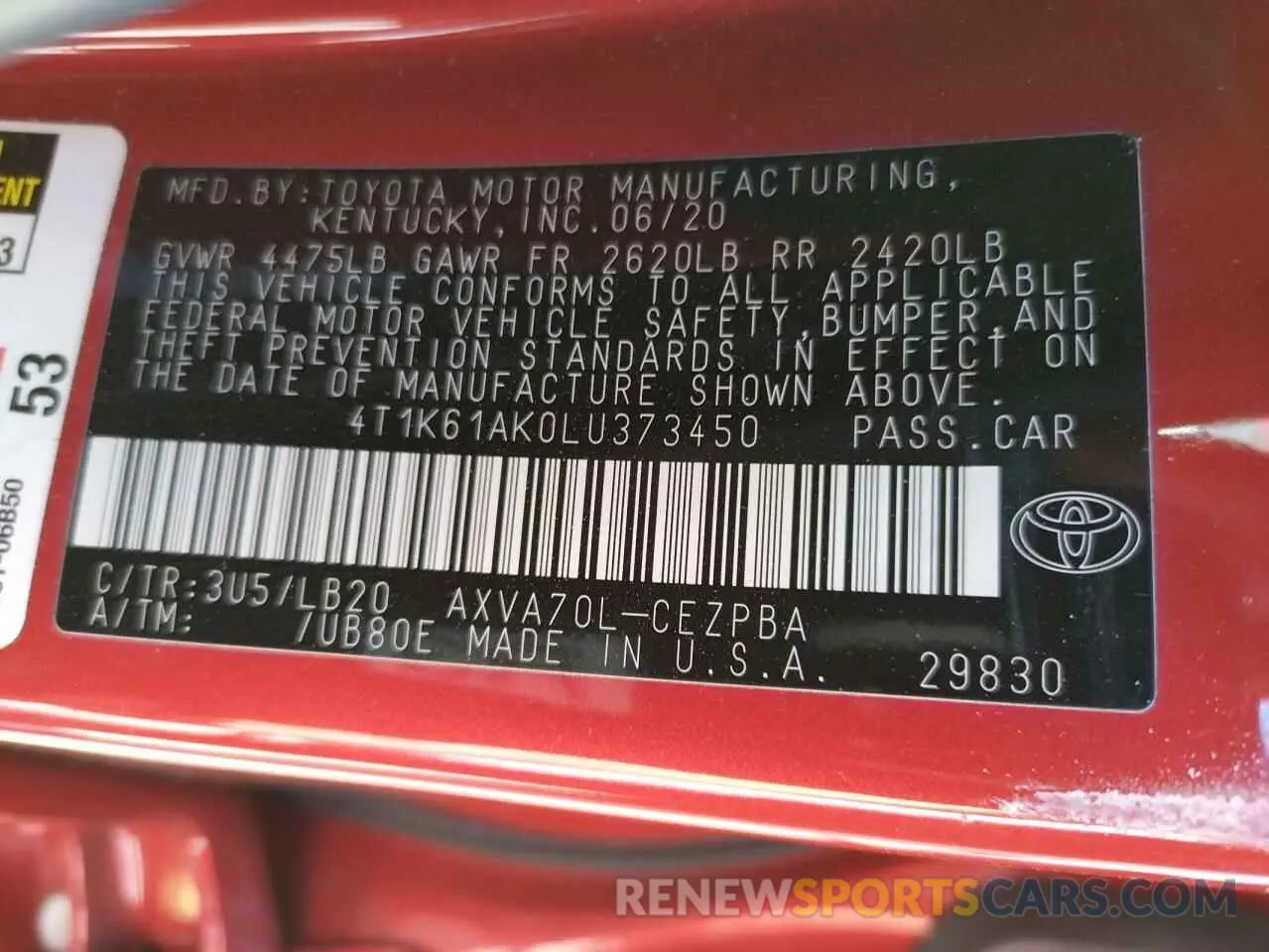 10 Фотография поврежденного автомобиля 4T1K61AK0LU373450 TOYOTA CAMRY 2020