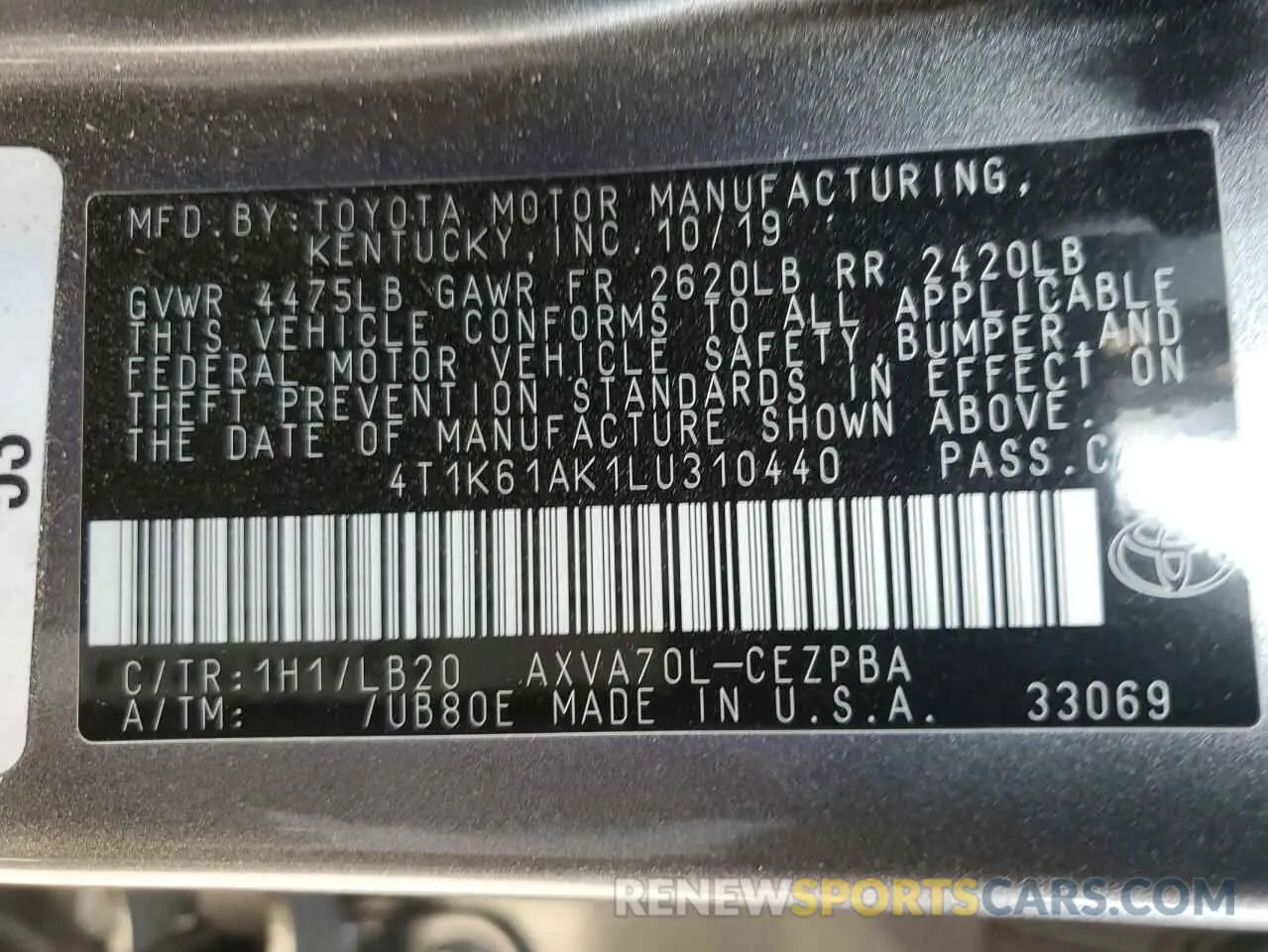 12 Фотография поврежденного автомобиля 4T1K61AK1LU310440 TOYOTA CAMRY 2020
