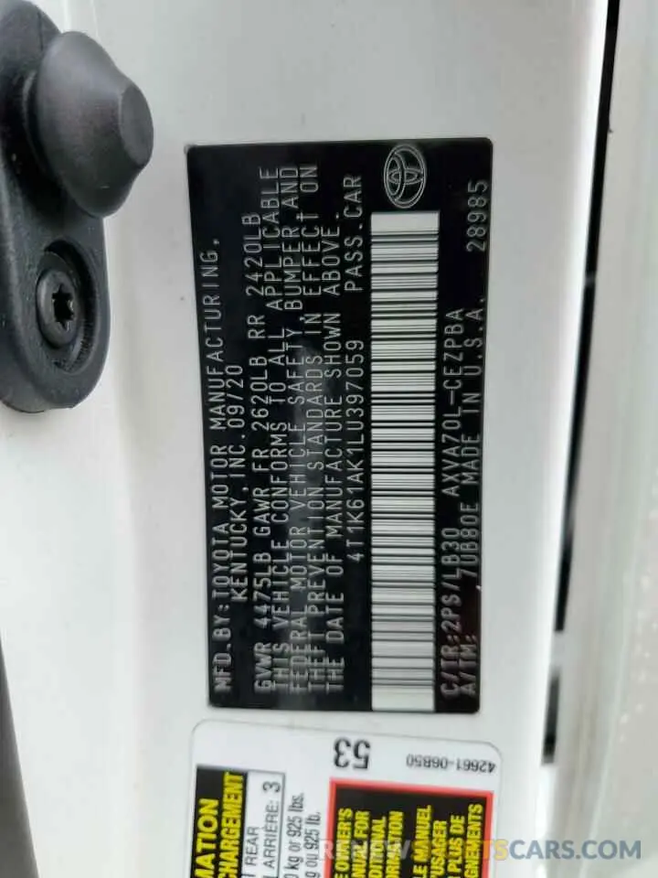 12 Photograph of a damaged car 4T1K61AK1LU397059 TOYOTA CAMRY 2020