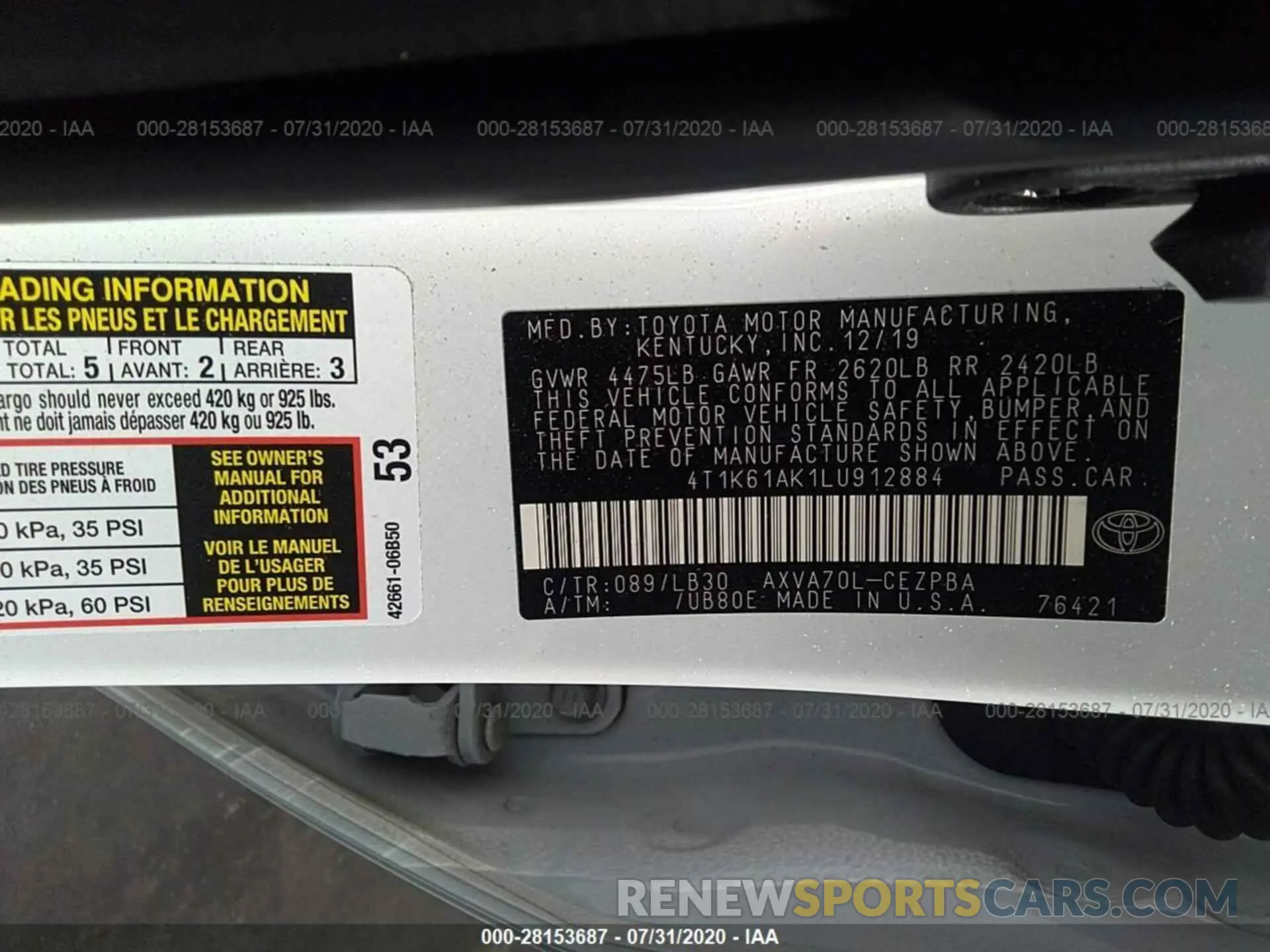 9 Photograph of a damaged car 4T1K61AK1LU912884 TOYOTA CAMRY 2020