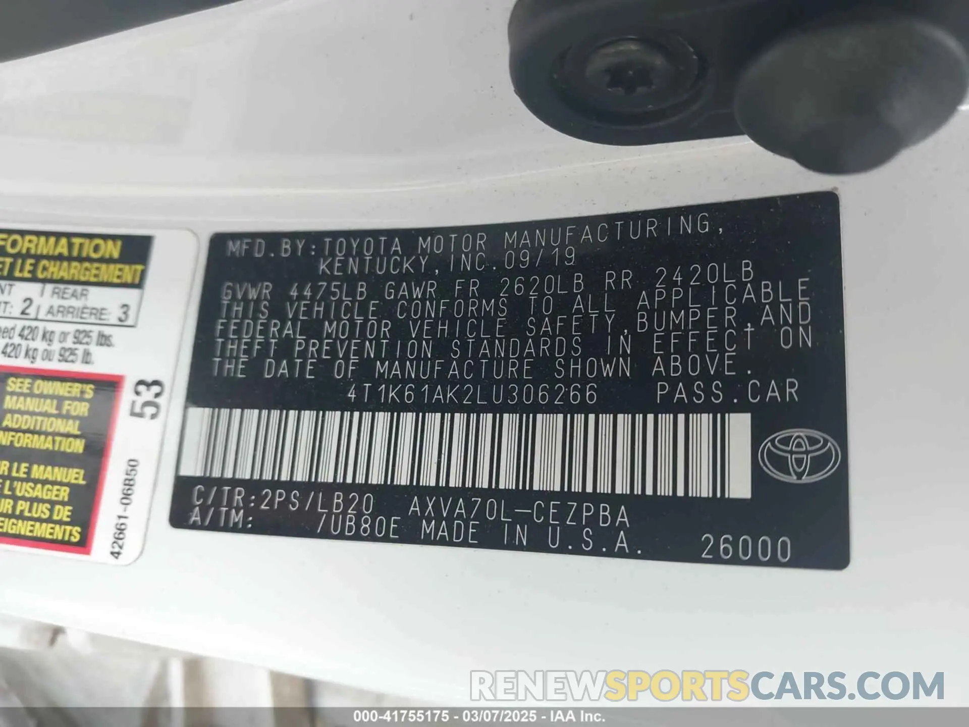 9 Фотография поврежденного автомобиля 4T1K61AK2LU306266 TOYOTA CAMRY 2020