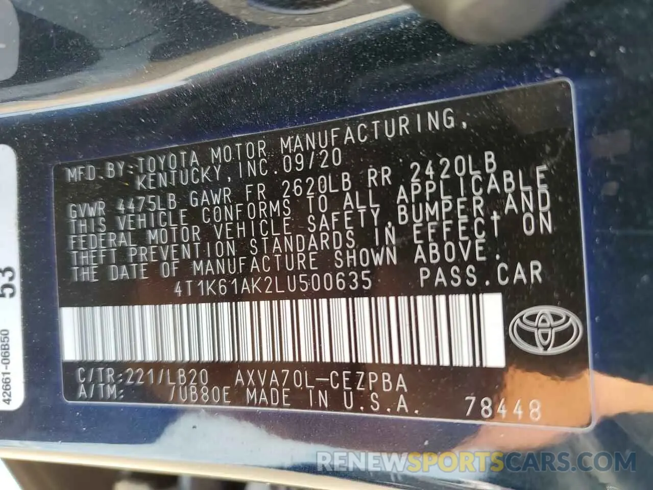 12 Photograph of a damaged car 4T1K61AK2LU500635 TOYOTA CAMRY 2020