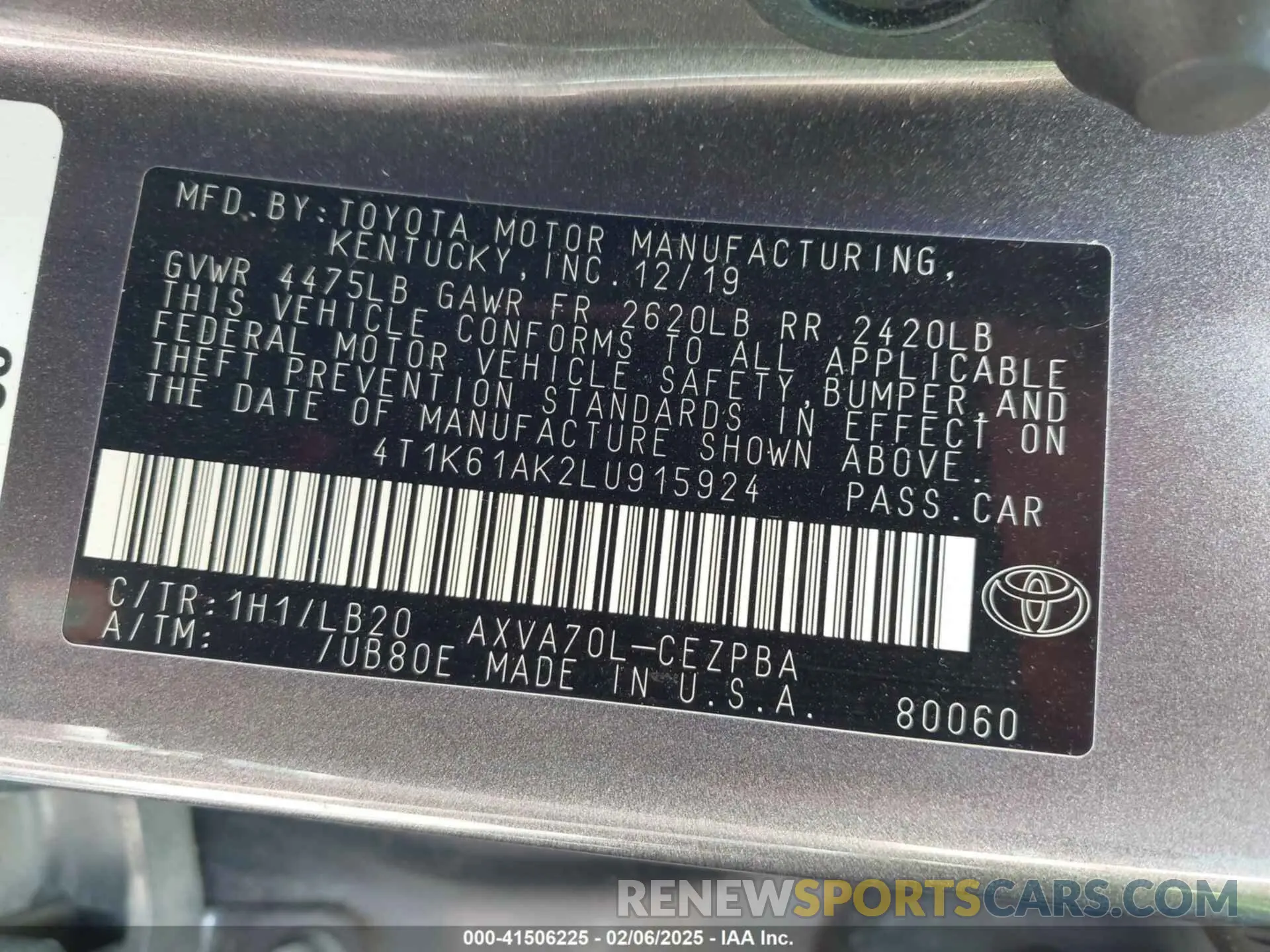 9 Фотография поврежденного автомобиля 4T1K61AK2LU915924 TOYOTA CAMRY 2020