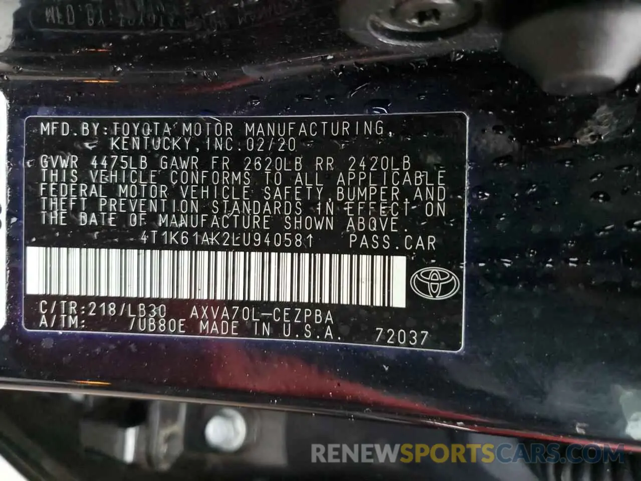 12 Photograph of a damaged car 4T1K61AK2LU940581 TOYOTA CAMRY 2020