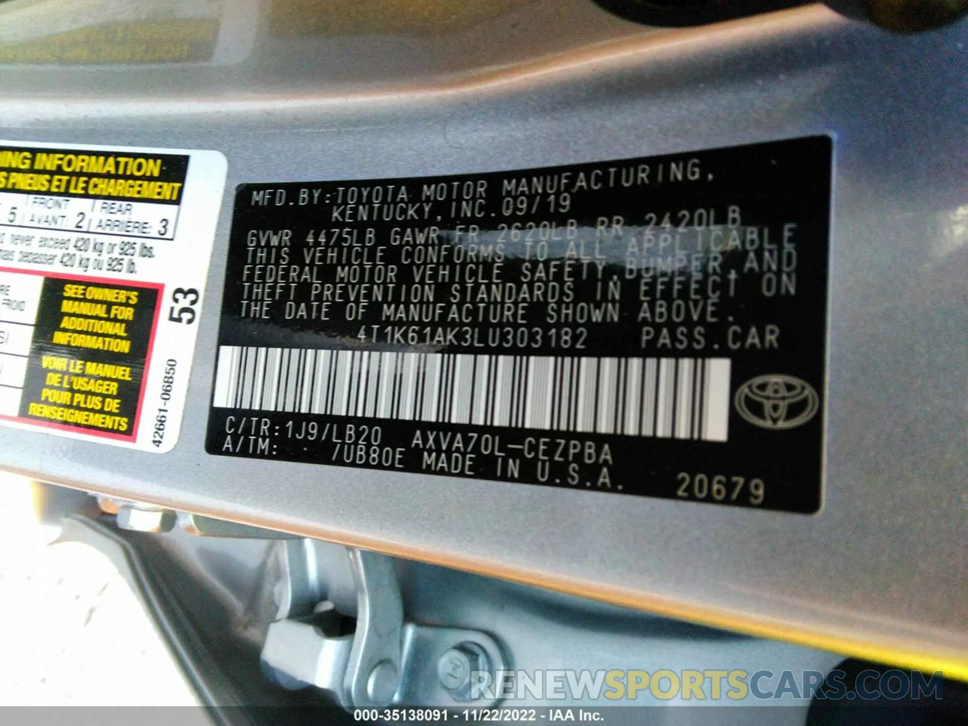 9 Фотография поврежденного автомобиля 4T1K61AK3LU303182 TOYOTA CAMRY 2020