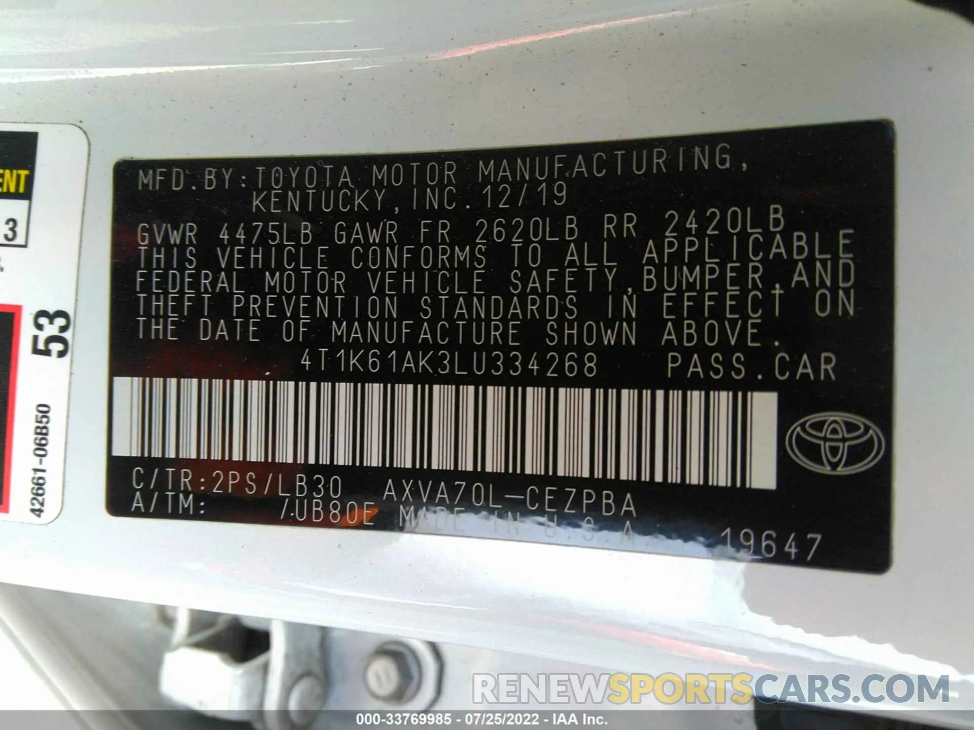 9 Photograph of a damaged car 4T1K61AK3LU334268 TOYOTA CAMRY 2020