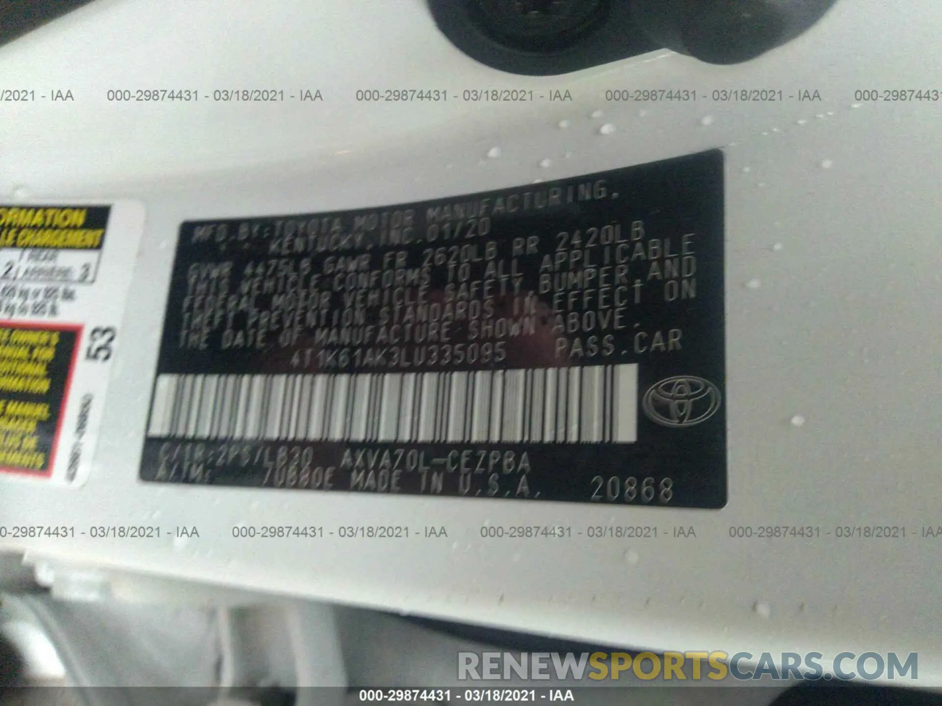 9 Photograph of a damaged car 4T1K61AK3LU335095 TOYOTA CAMRY 2020