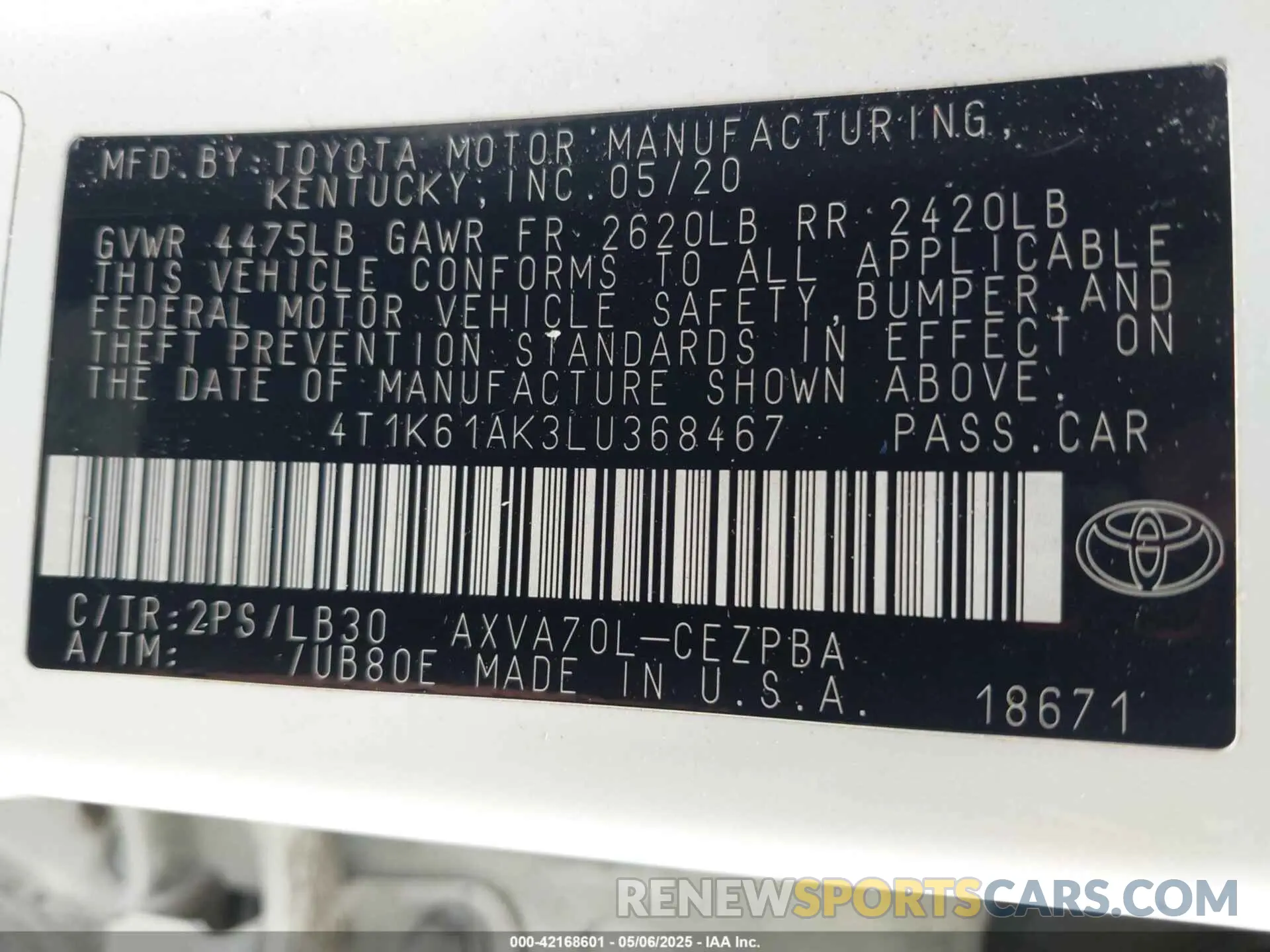 9 Фотография поврежденного автомобиля 4T1K61AK3LU368467 TOYOTA CAMRY 2020