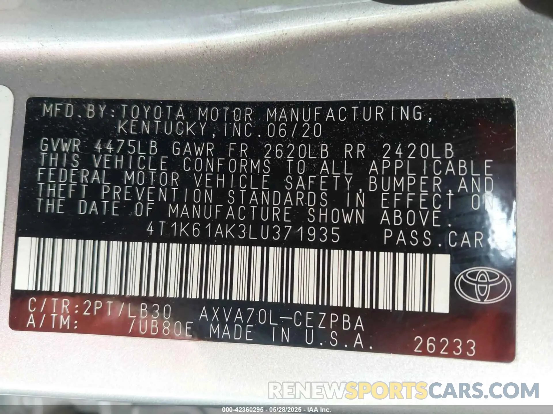9 Фотография поврежденного автомобиля 4T1K61AK3LU371935 TOYOTA CAMRY 2020
