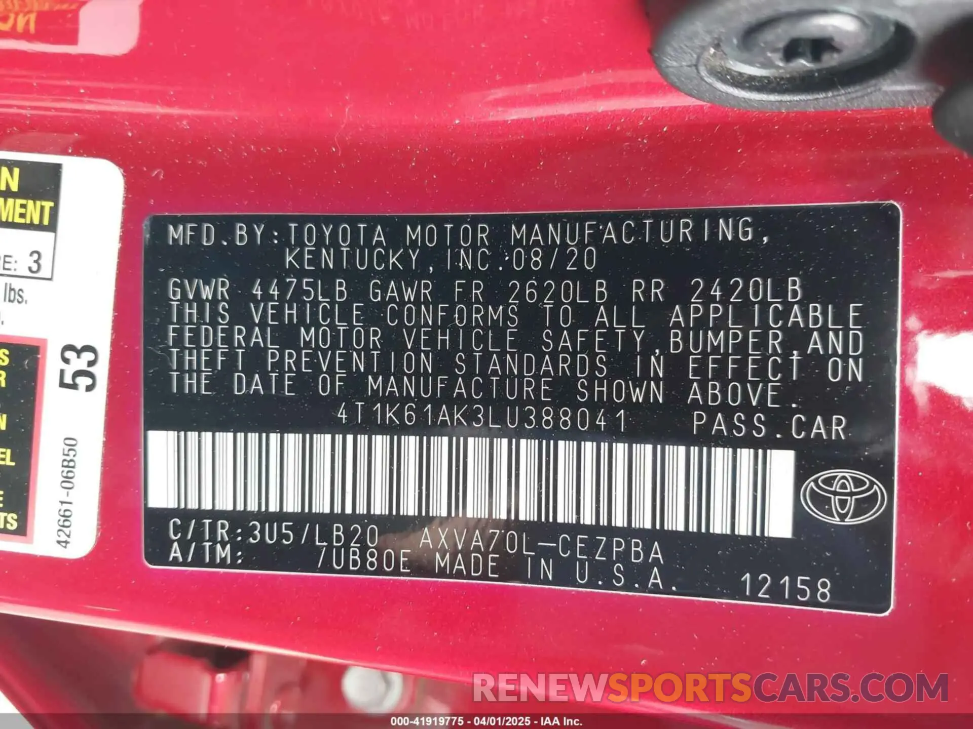 9 Фотография поврежденного автомобиля 4T1K61AK3LU388041 TOYOTA CAMRY 2020