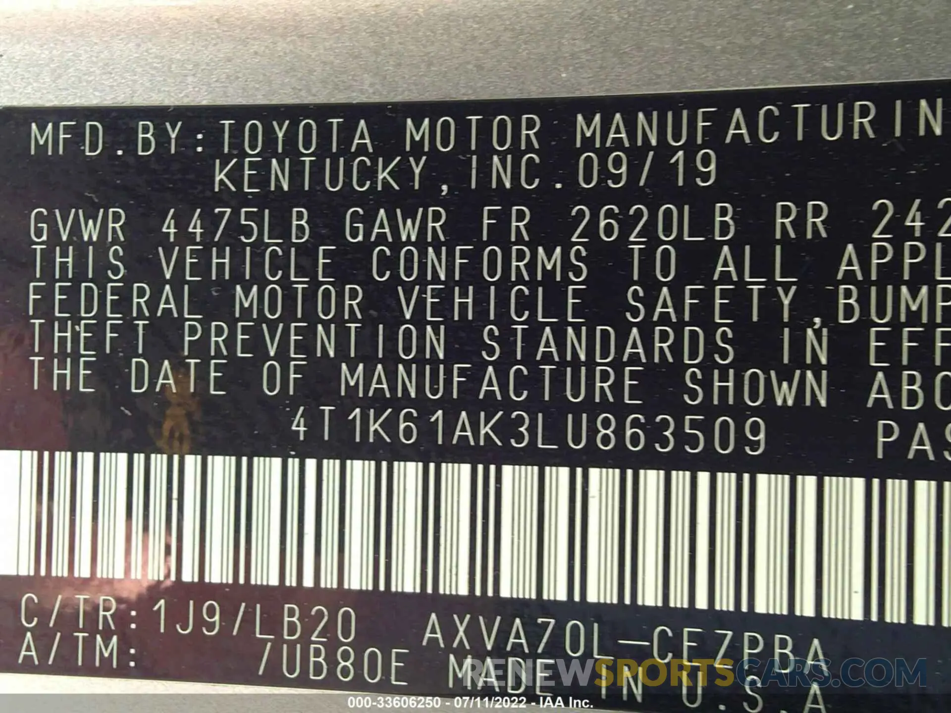 9 Photograph of a damaged car 4T1K61AK3LU863509 TOYOTA CAMRY 2020