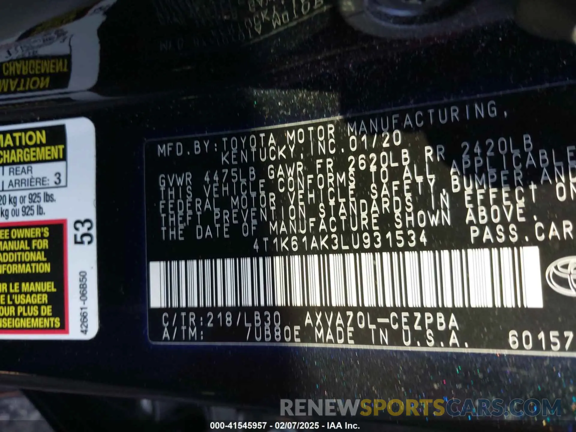 9 Фотография поврежденного автомобиля 4T1K61AK3LU931534 TOYOTA CAMRY 2020