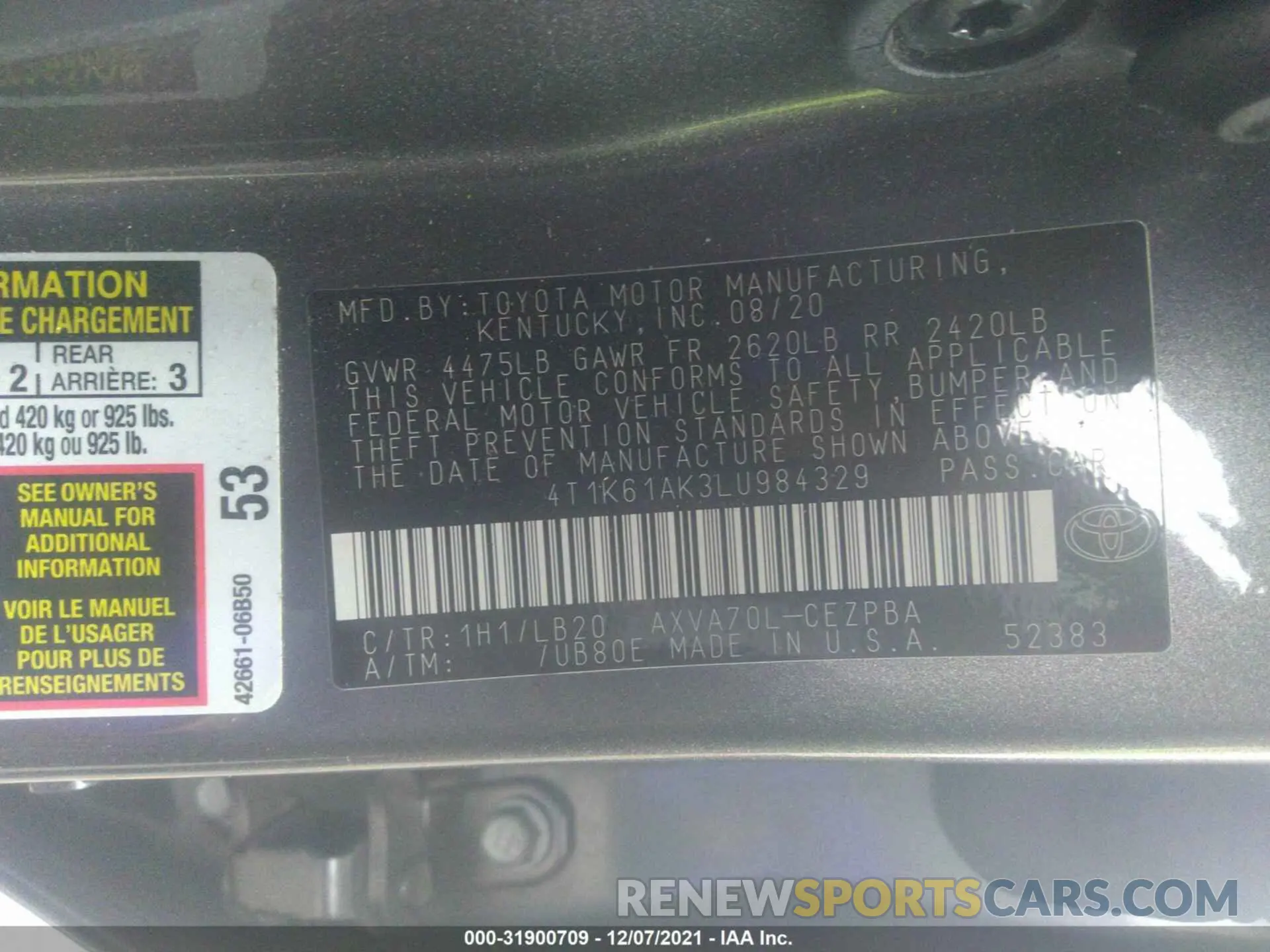 9 Photograph of a damaged car 4T1K61AK3LU984329 TOYOTA CAMRY 2020