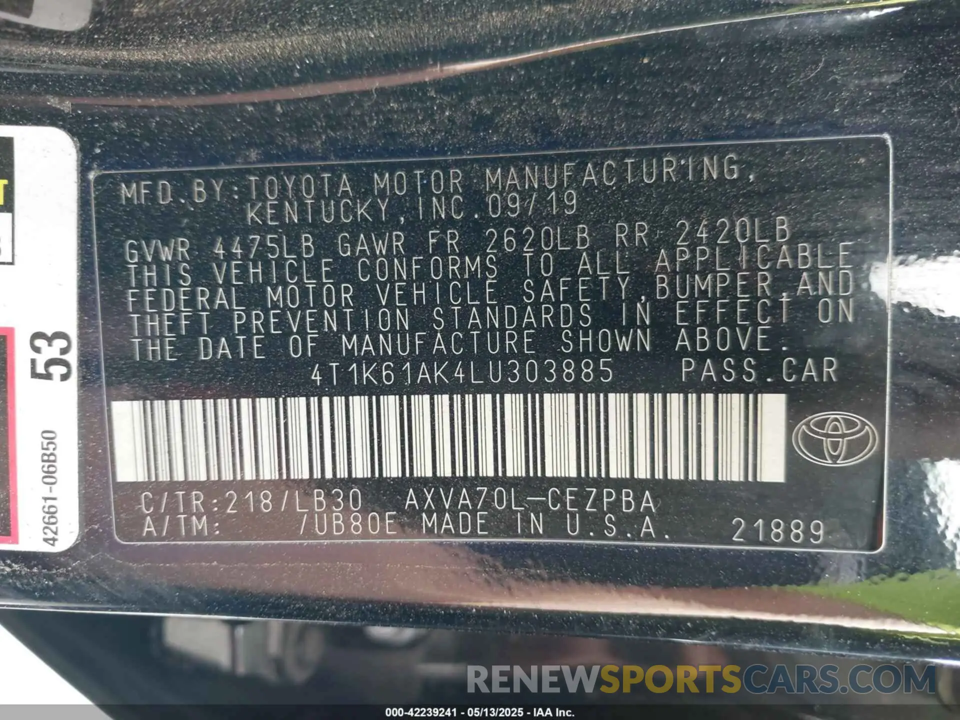 9 Photograph of a damaged car 4T1K61AK4LU303885 TOYOTA CAMRY 2020