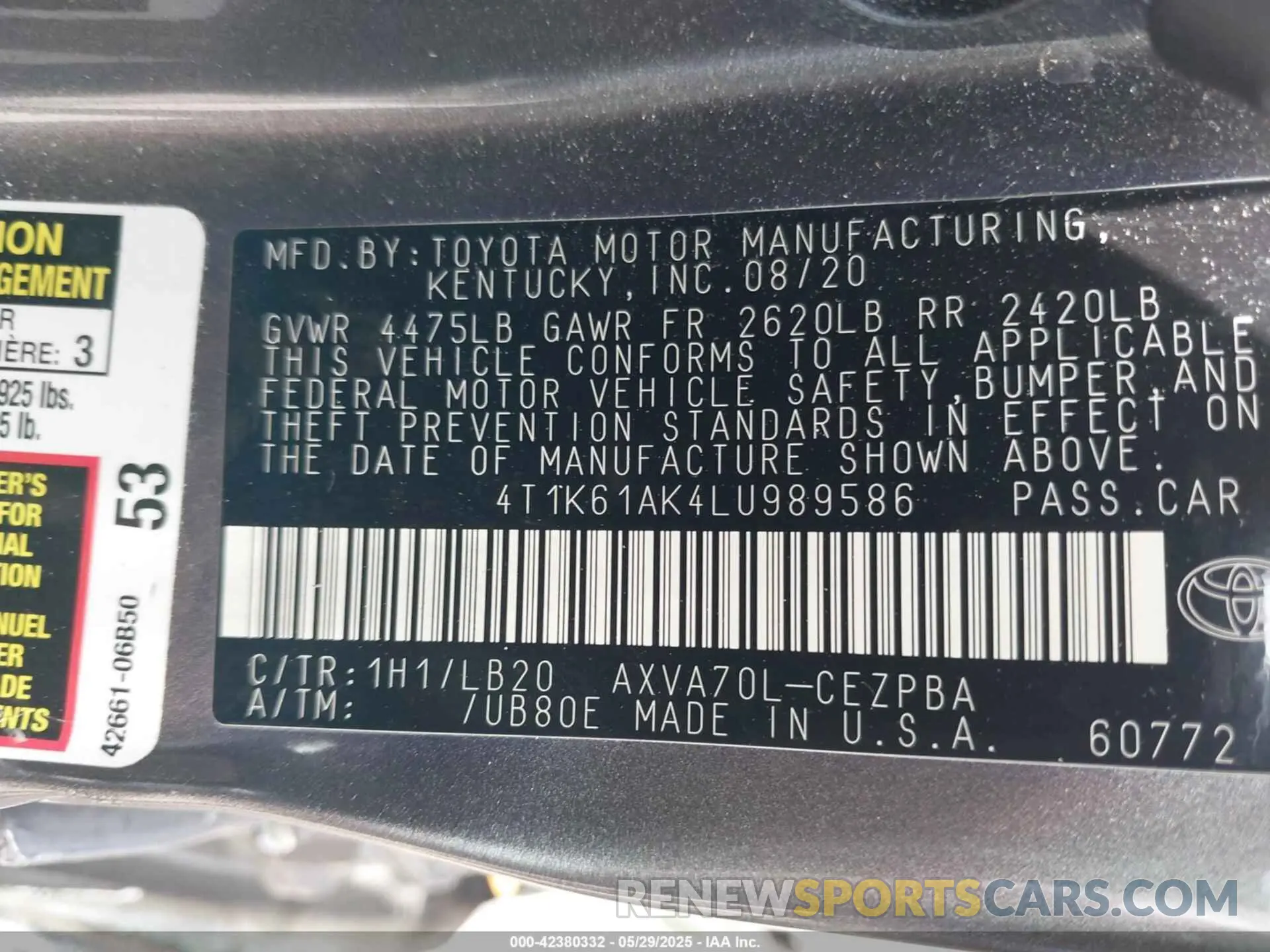 9 Photograph of a damaged car 4T1K61AK4LU989586 TOYOTA CAMRY 2020