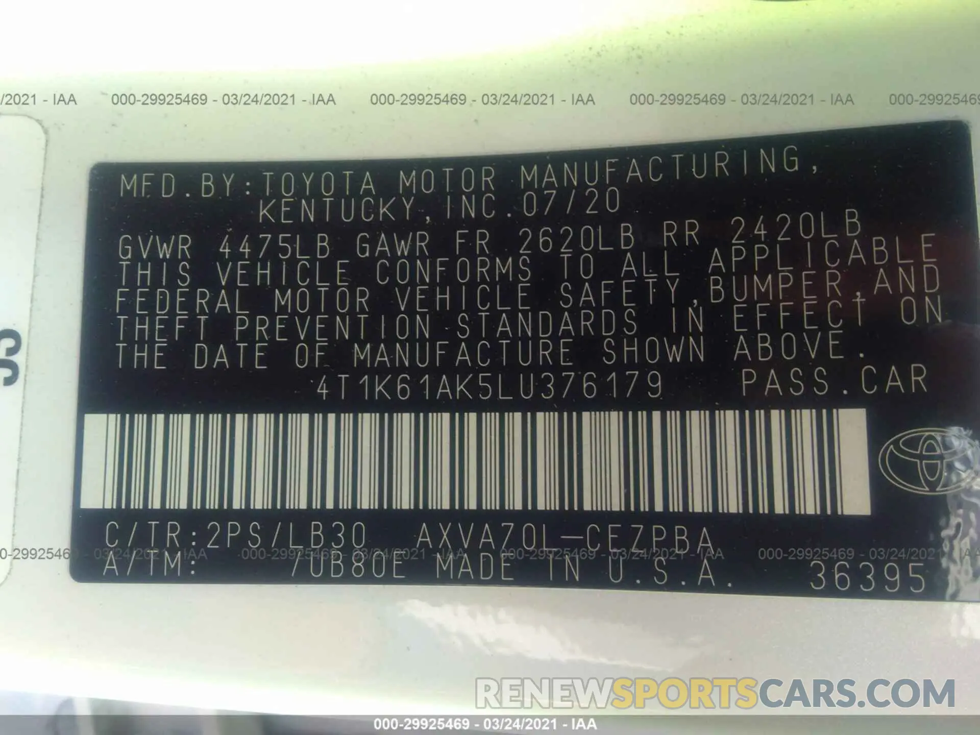9 Photograph of a damaged car 4T1K61AK5LU376179 TOYOTA CAMRY 2020