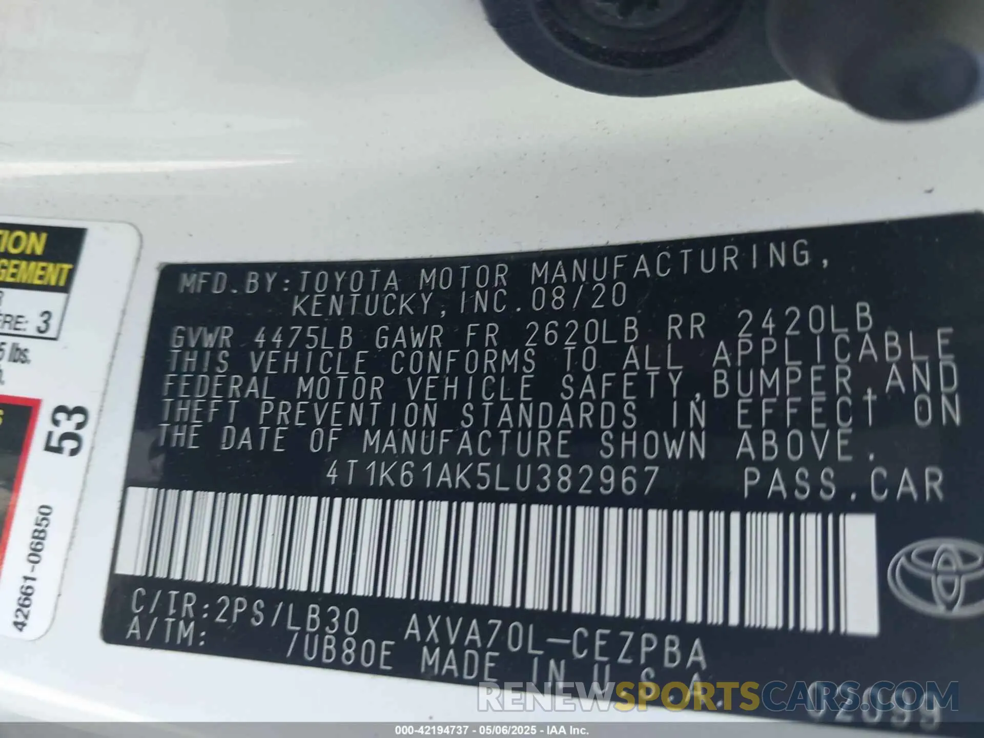 9 Фотография поврежденного автомобиля 4T1K61AK5LU382967 TOYOTA CAMRY 2020