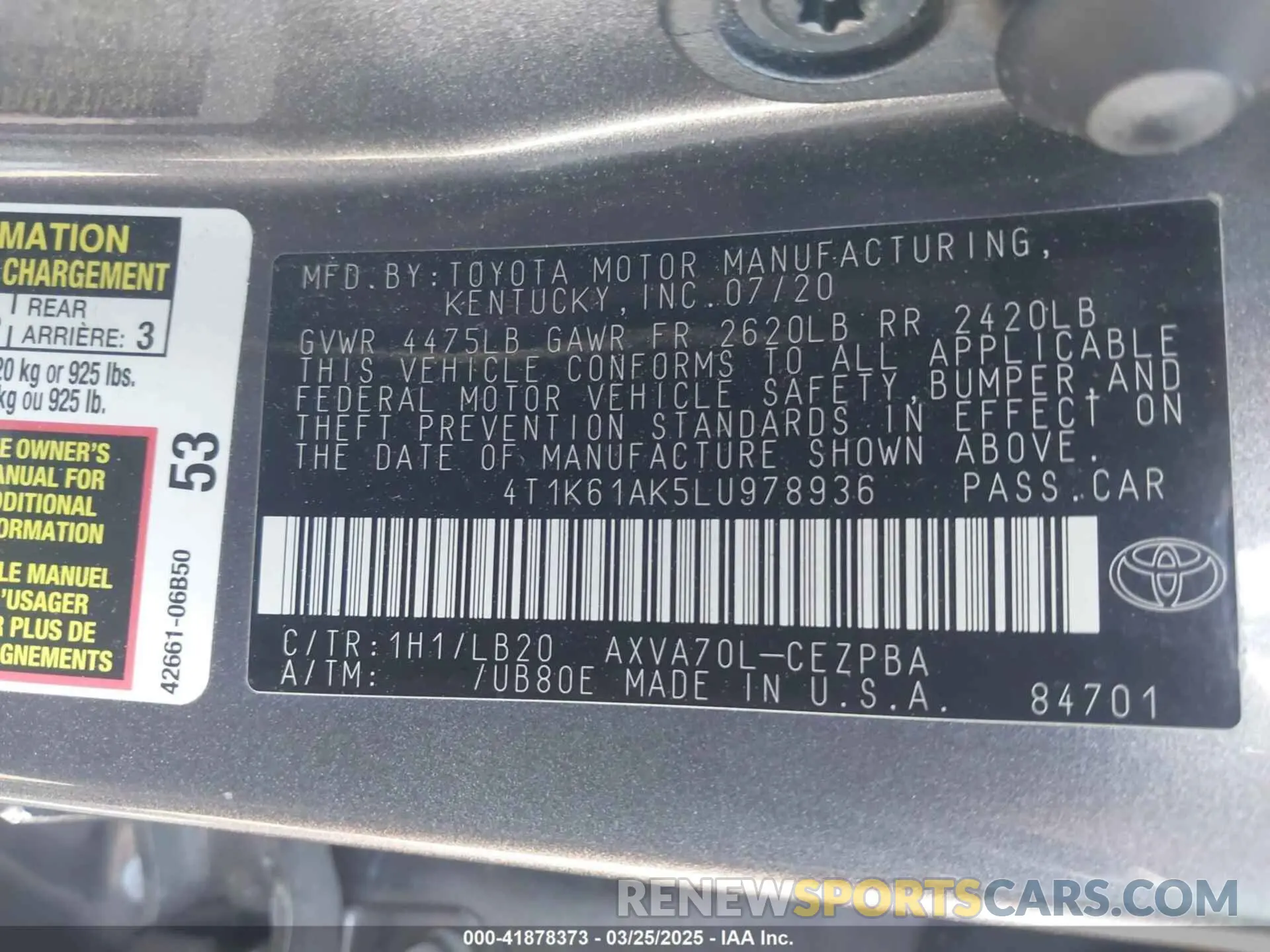 9 Фотография поврежденного автомобиля 4T1K61AK5LU978936 TOYOTA CAMRY 2020