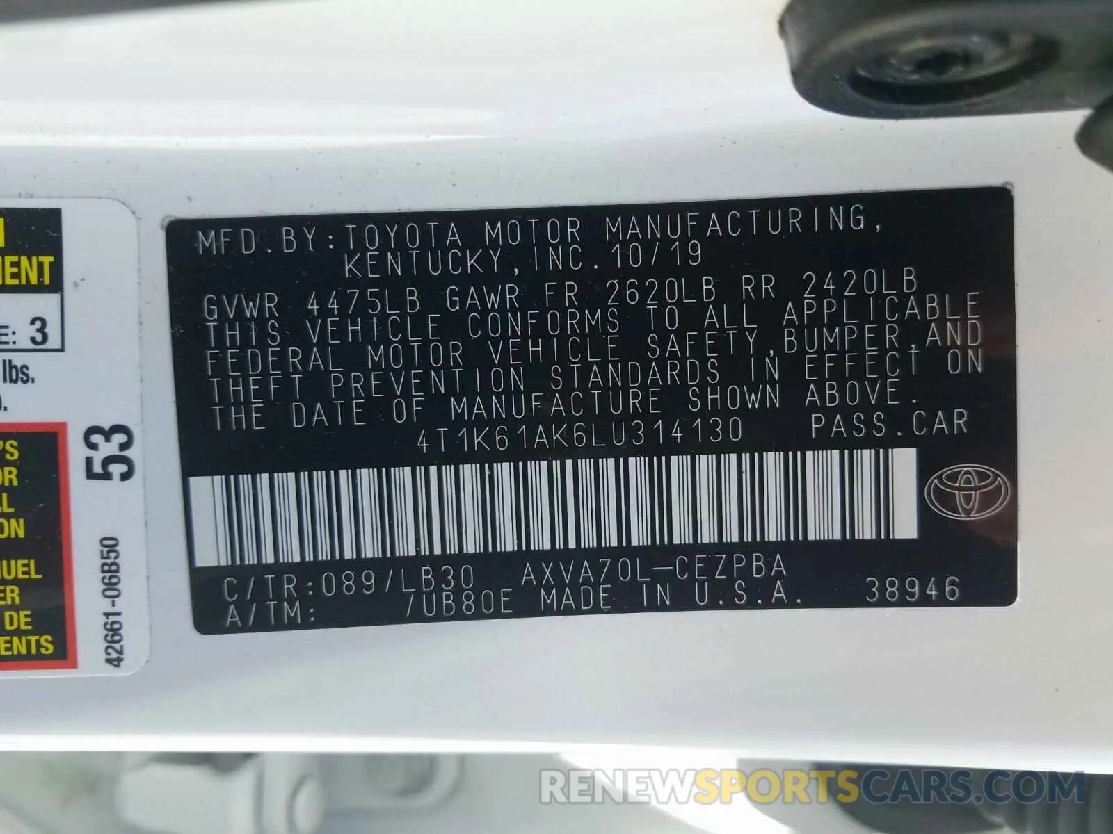 10 Photograph of a damaged car 4T1K61AK6LU314130 TOYOTA CAMRY 2020