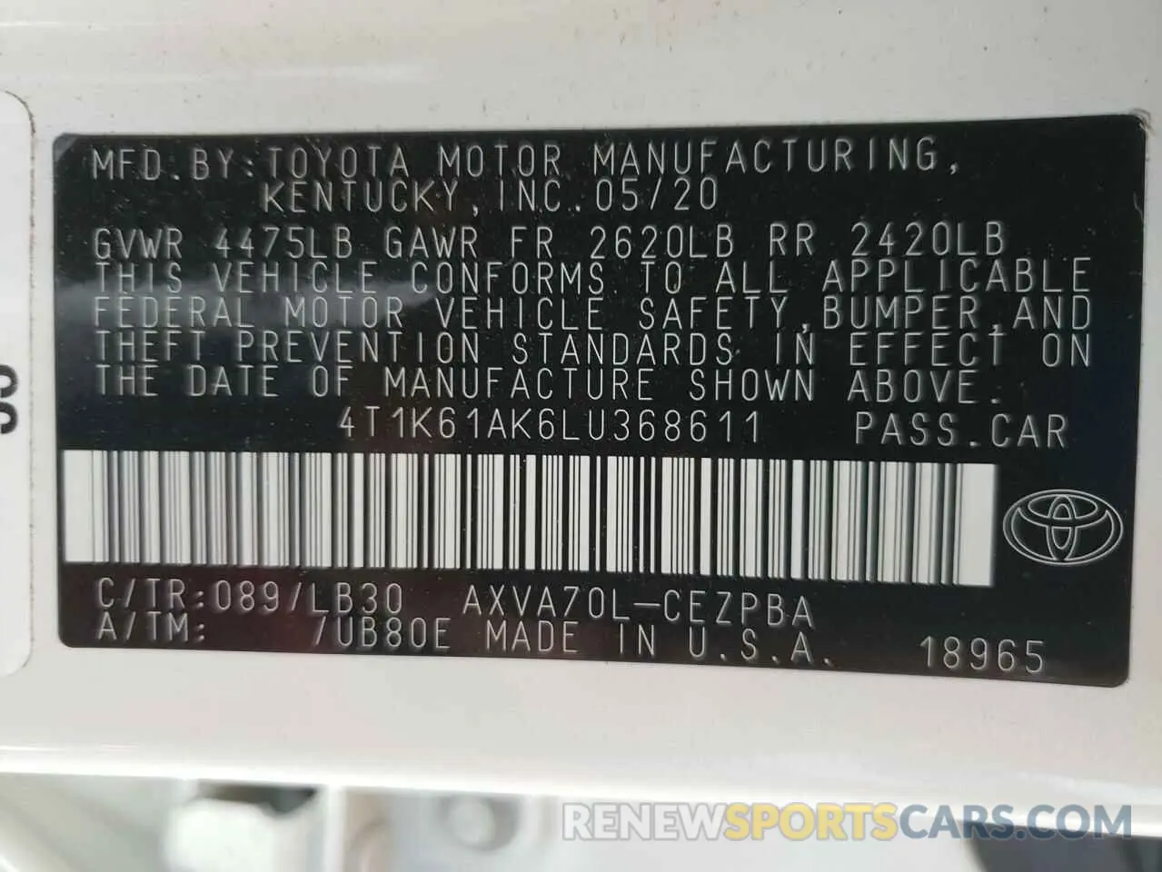 10 Photograph of a damaged car 4T1K61AK6LU368611 TOYOTA CAMRY 2020