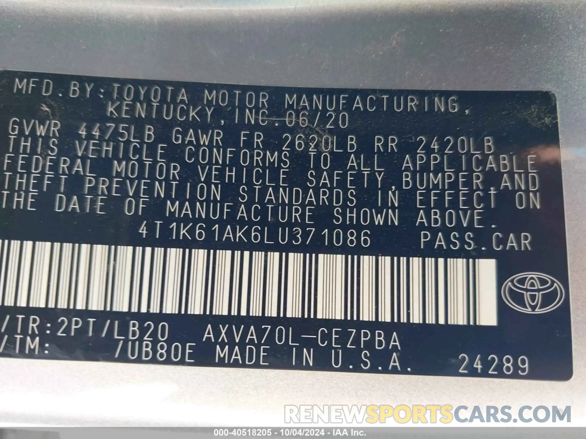 9 Photograph of a damaged car 4T1K61AK6LU371086 TOYOTA CAMRY 2020