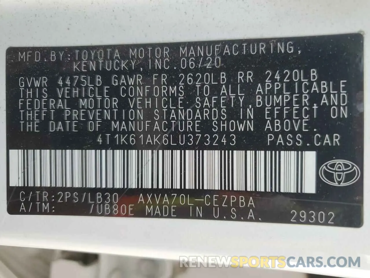 12 Photograph of a damaged car 4T1K61AK6LU373243 TOYOTA CAMRY 2020