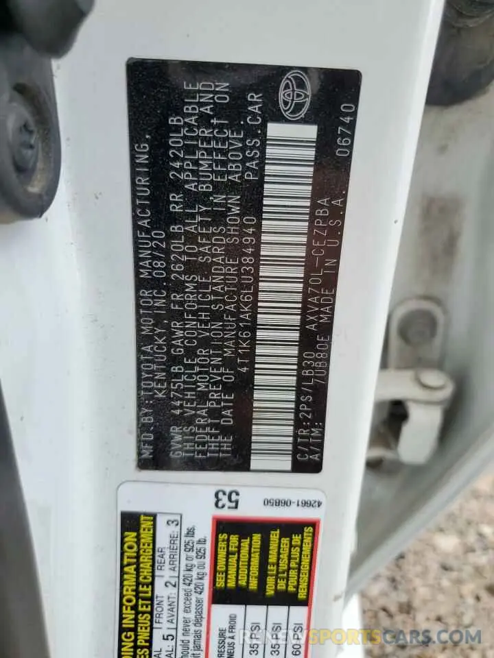 12 Photograph of a damaged car 4T1K61AK6LU384940 TOYOTA CAMRY 2020