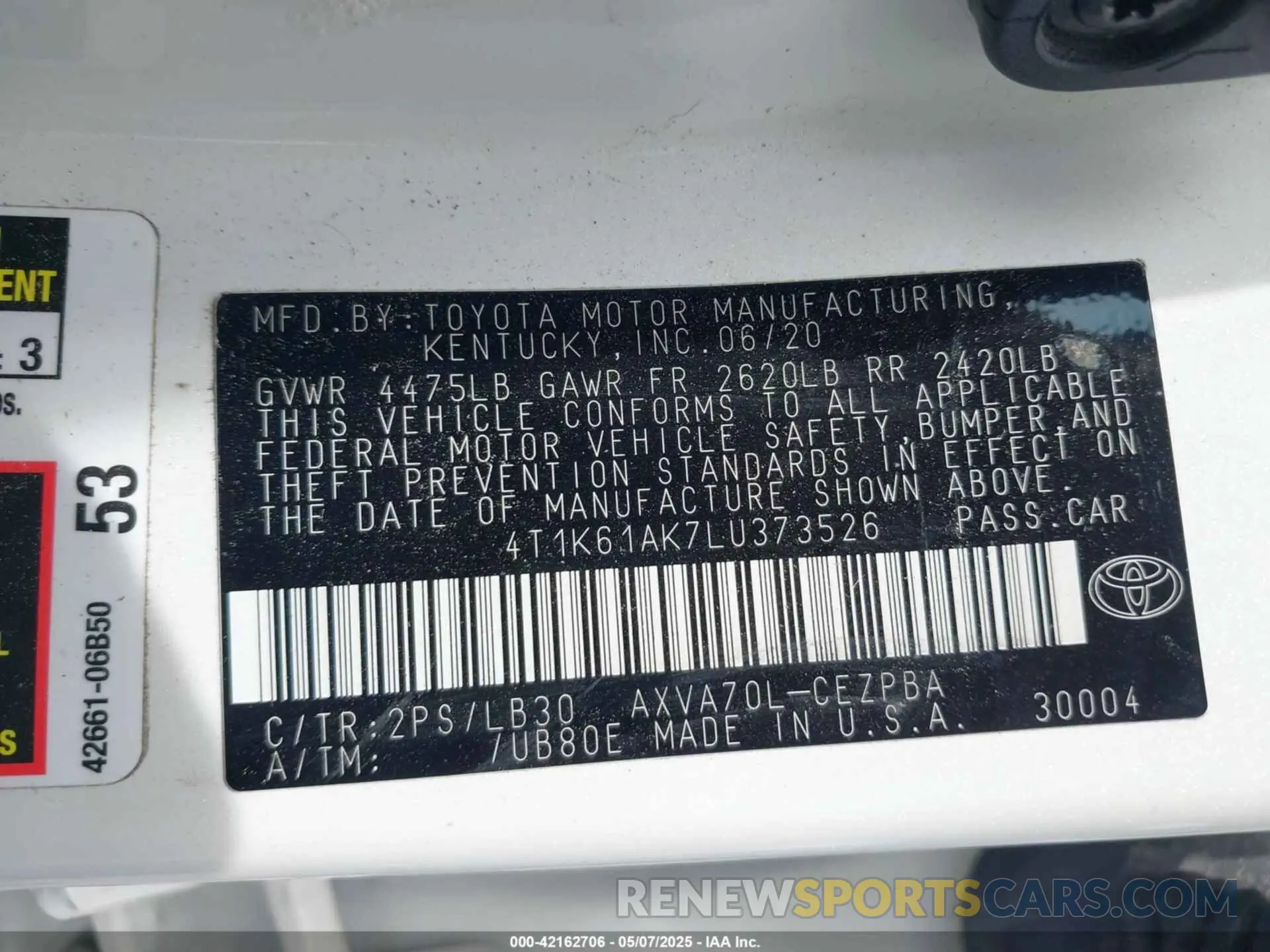 9 Photograph of a damaged car 4T1K61AK7LU373526 TOYOTA CAMRY 2020